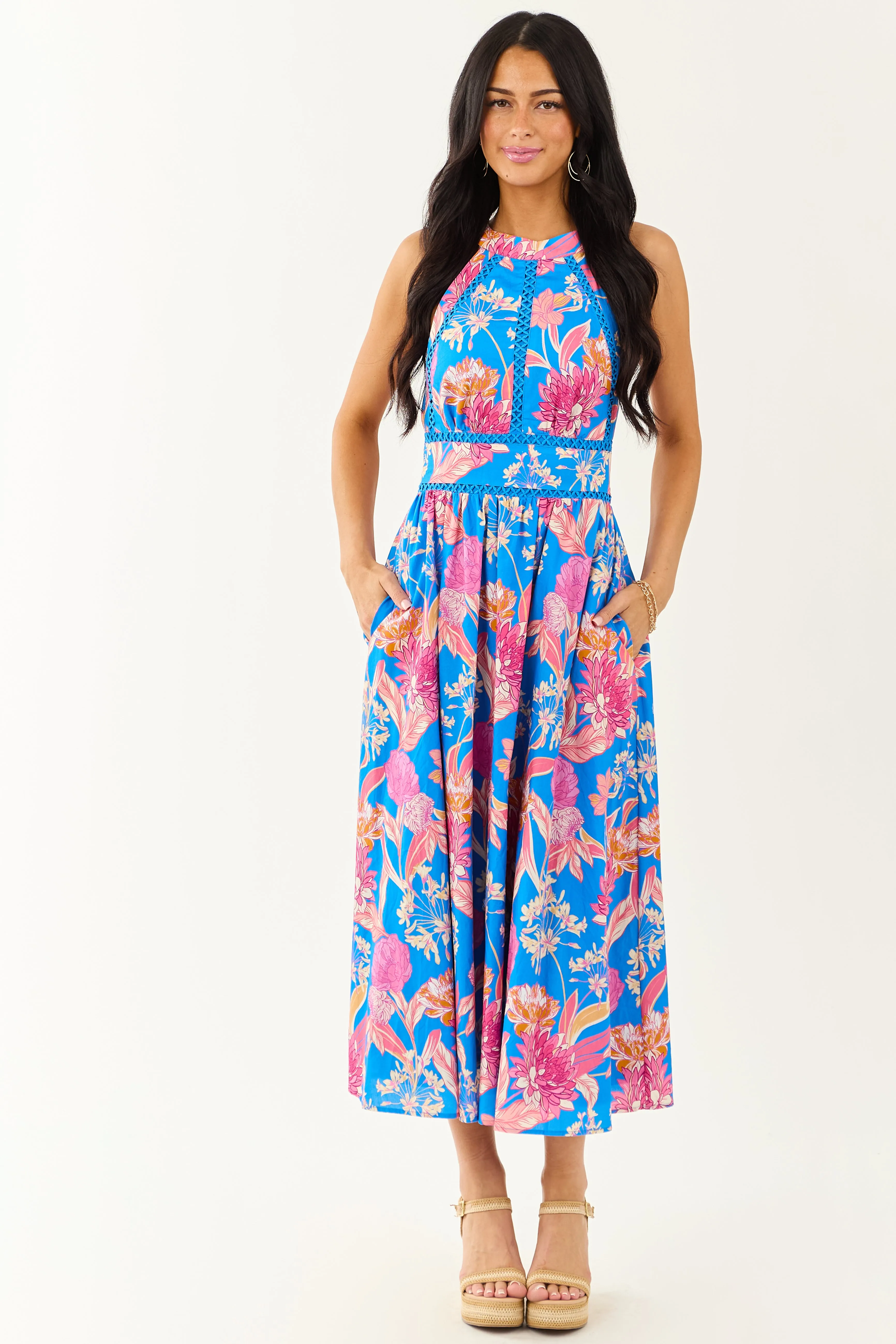 Flying Tomato Azure Floral Cotton Halter Midi Dress sold by Lime Lush
