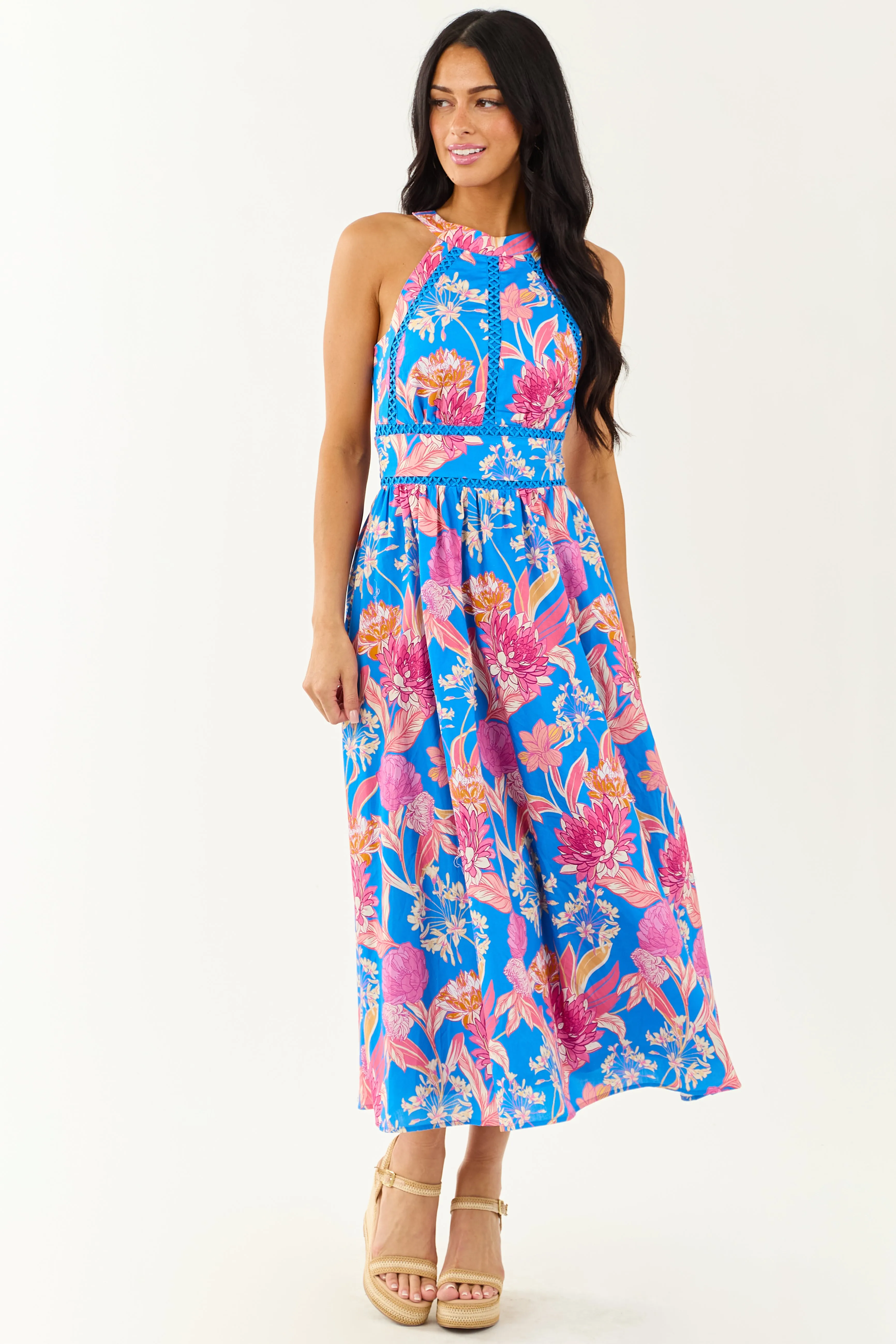 Flying Tomato Azure Floral Cotton Halter Midi Dress sold by Lime Lush product image thumbnail 2