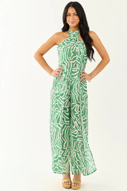Jade Abstract Convertible Halter Wide Leg Jumpsuit sold by Lime Lush