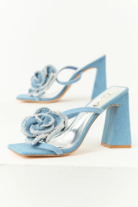 Medium Wash Denim Square Toe Flower Strap Heels sold by Lime Lush