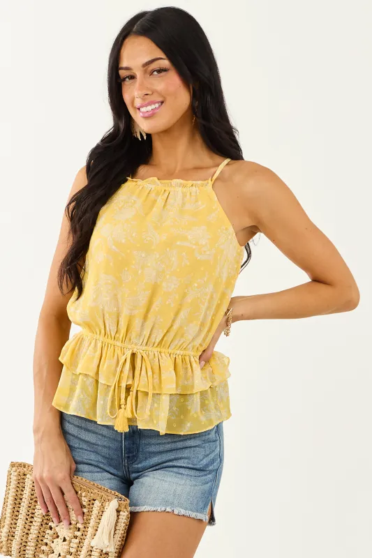 Canary Yellow Floral Swiss Dot Halter Neck Tank Top sold by Lime Lush