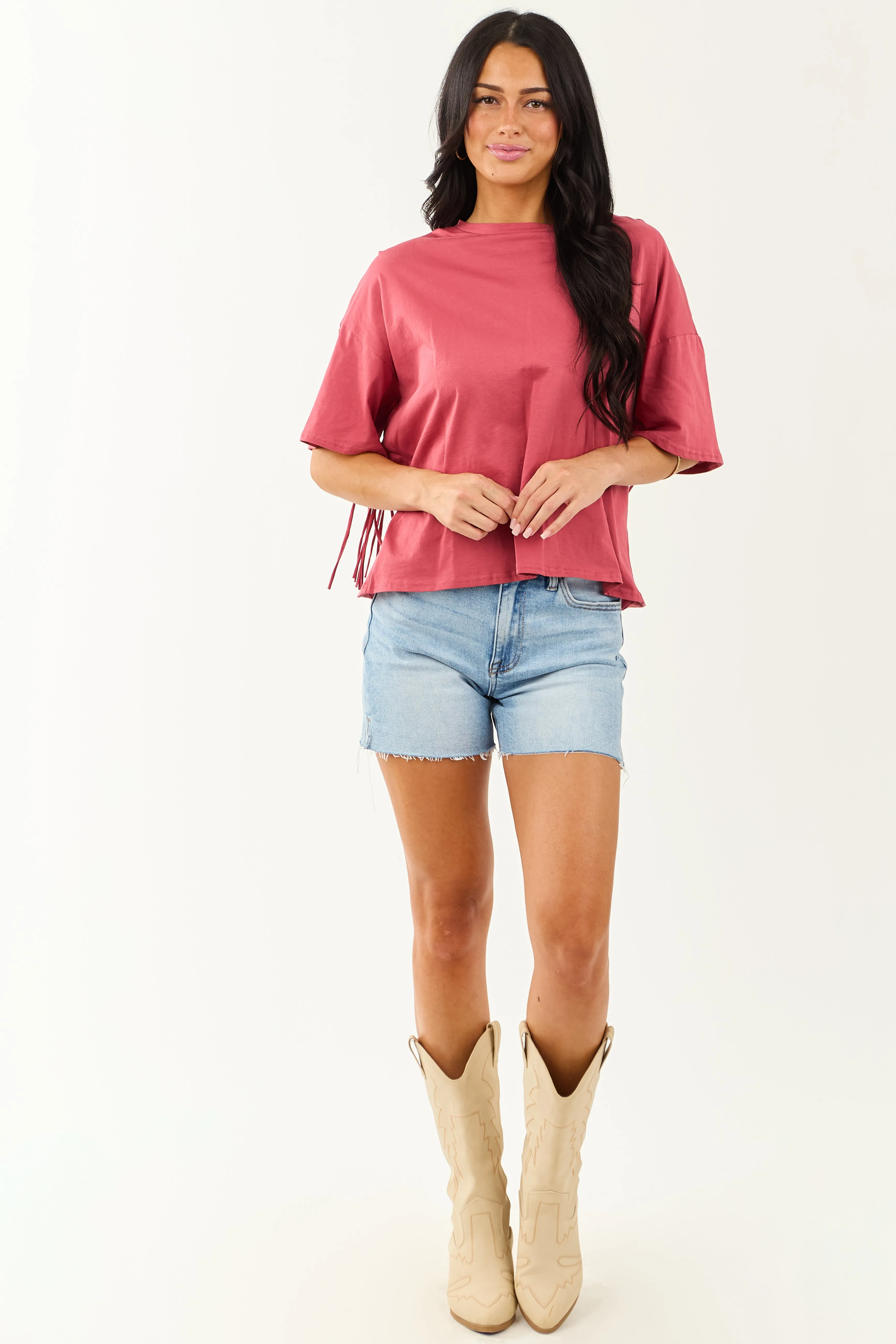 Marsala Half Sleeve Cotton Back Fringe Top sold by Lime Lush product image thumbnail 5