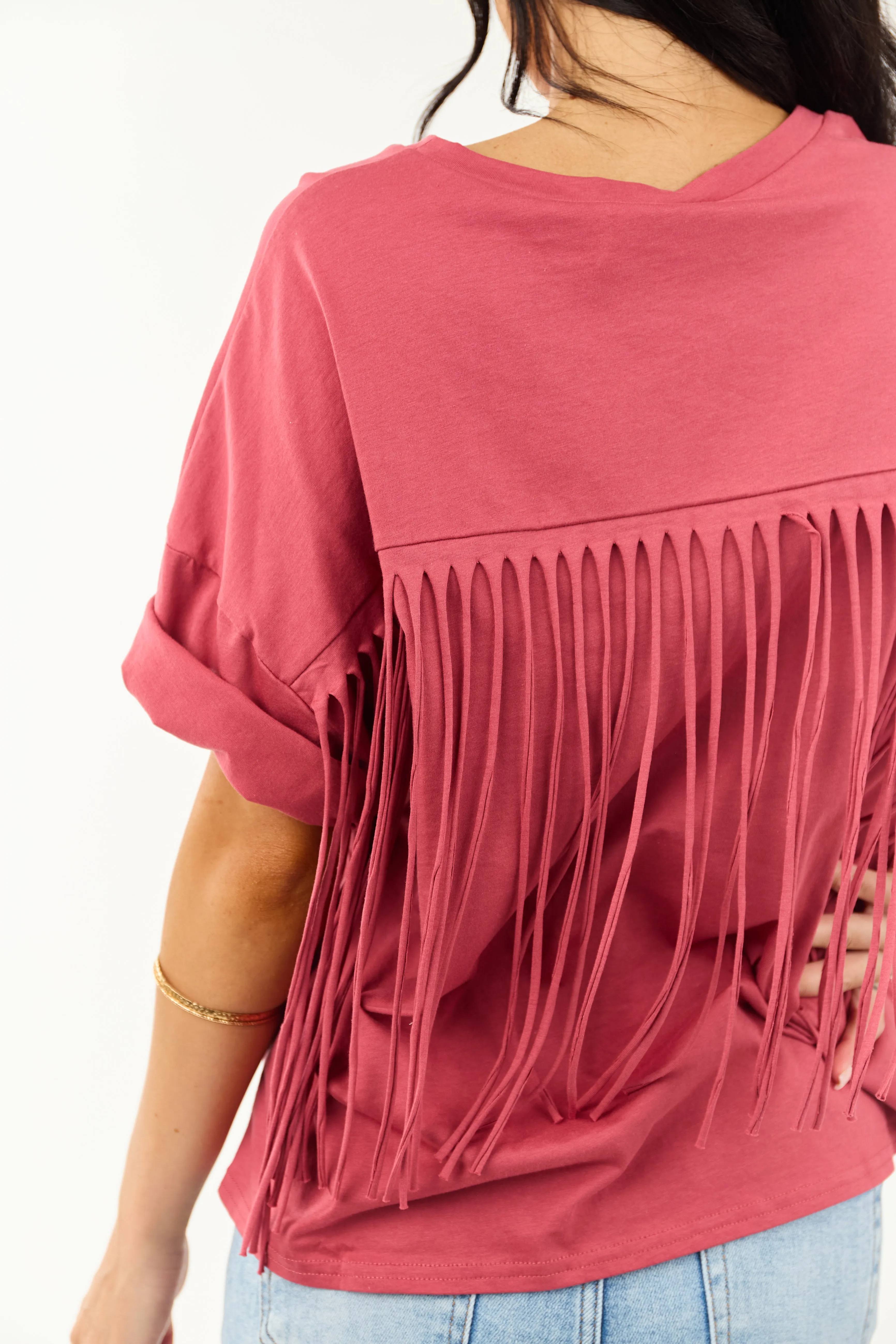 Marsala Half Sleeve Cotton Back Fringe Top sold by Lime Lush product image thumbnail 2