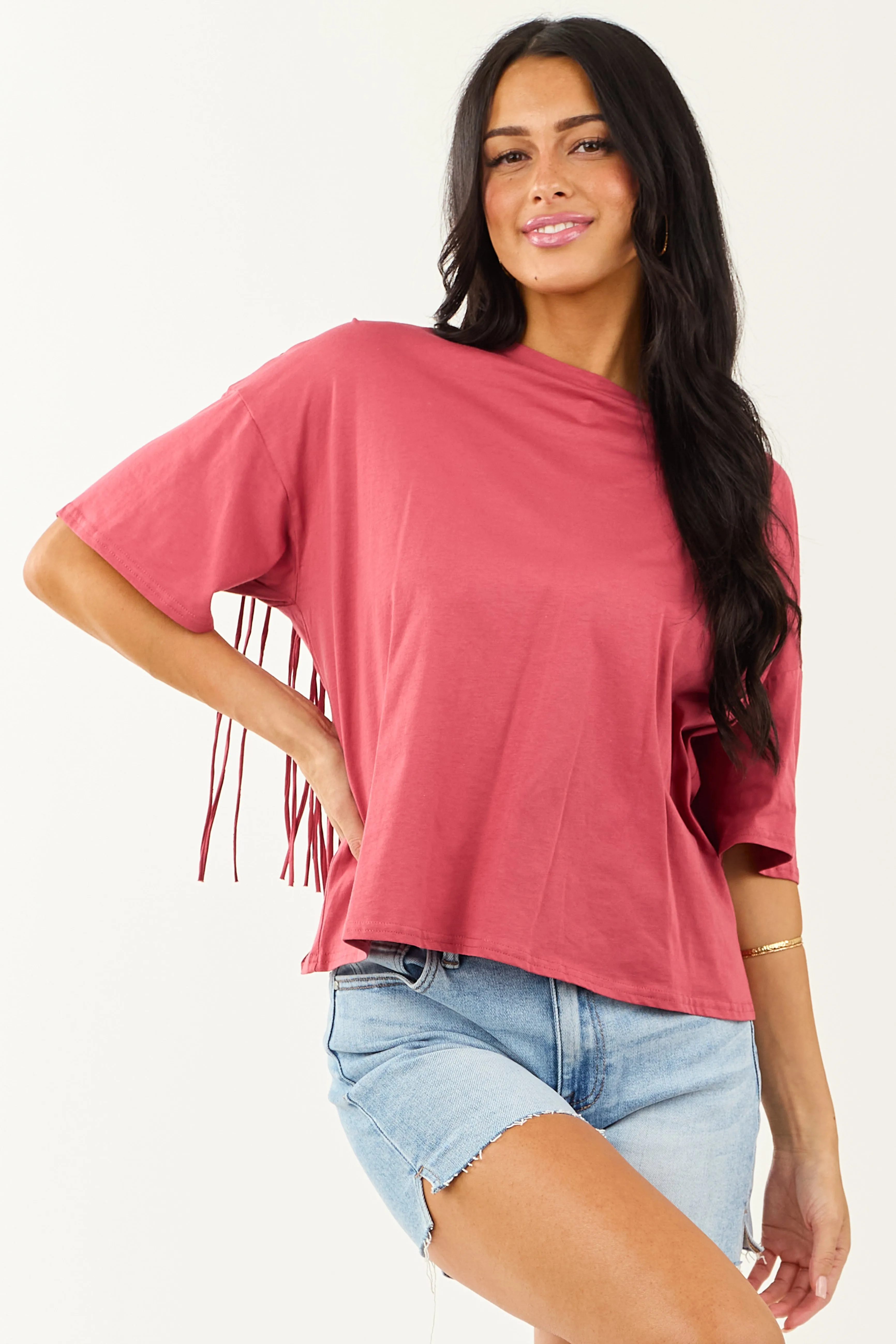 Marsala Half Sleeve Cotton Back Fringe Top sold by Lime Lush