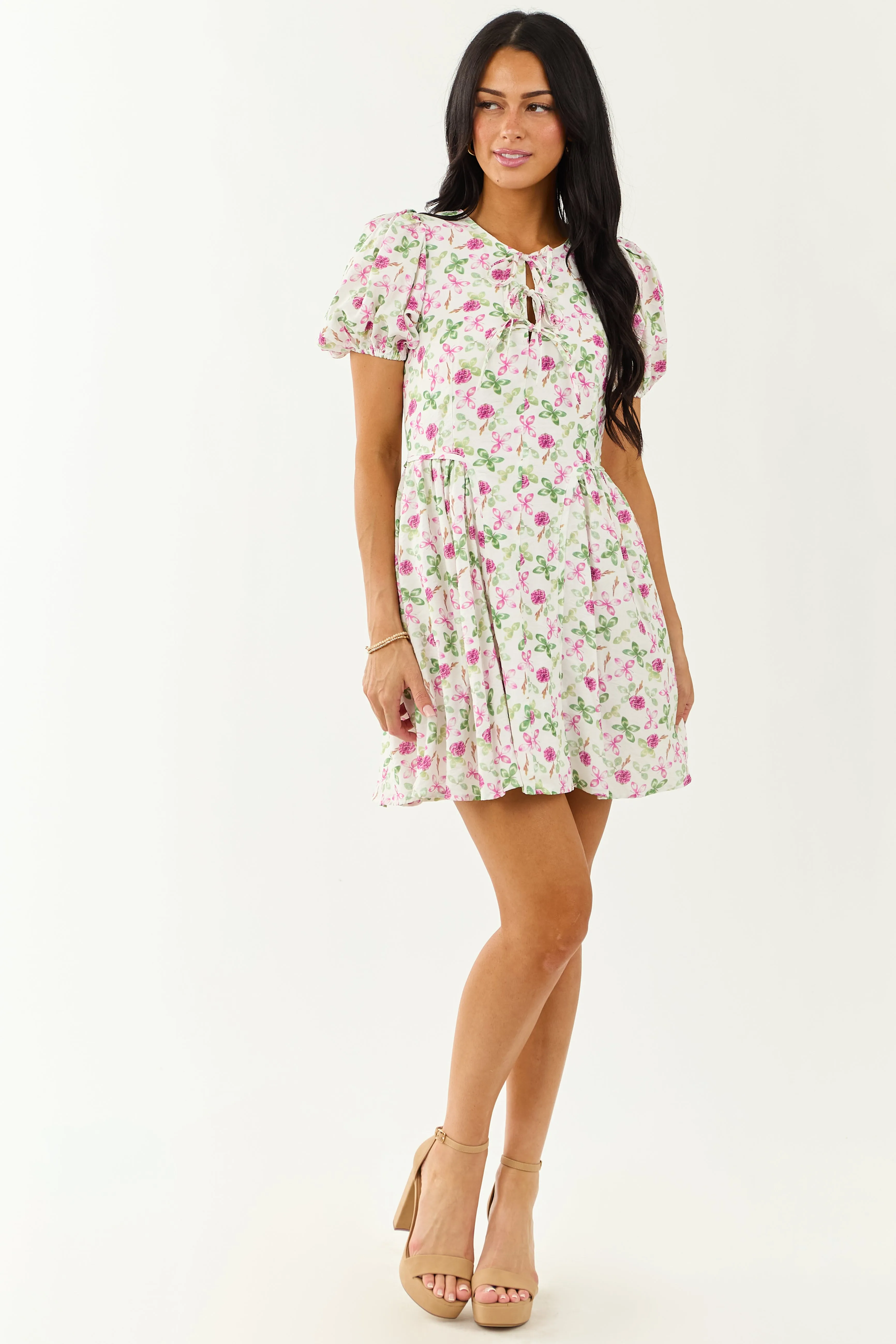 Ivory Floral Print Tie Neckline Puff Sleeve Mini Dress sold by Lime Lush product image thumbnail 2