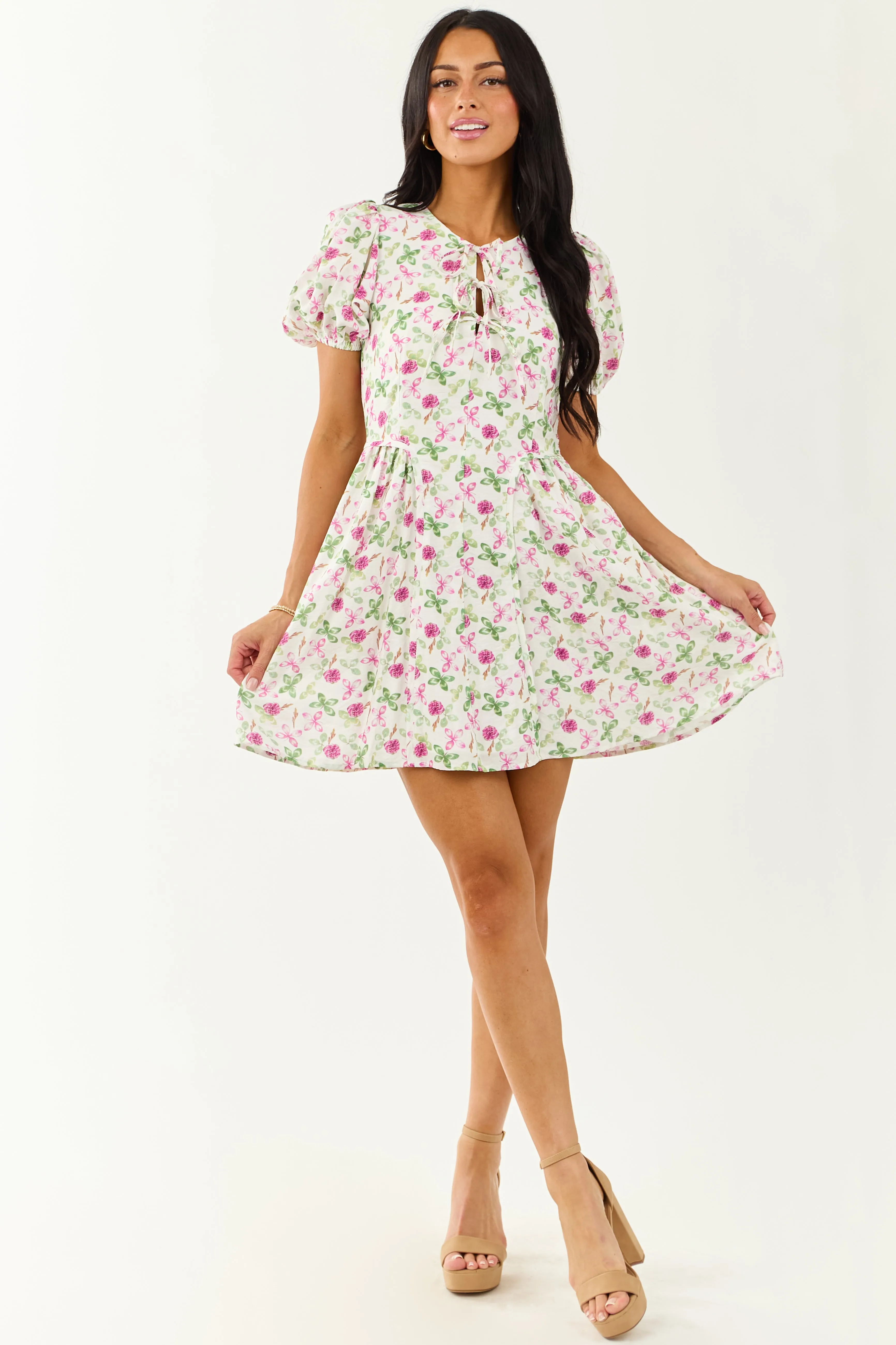 Ivory Floral Print Tie Neckline Puff Sleeve Mini Dress sold by Lime Lush