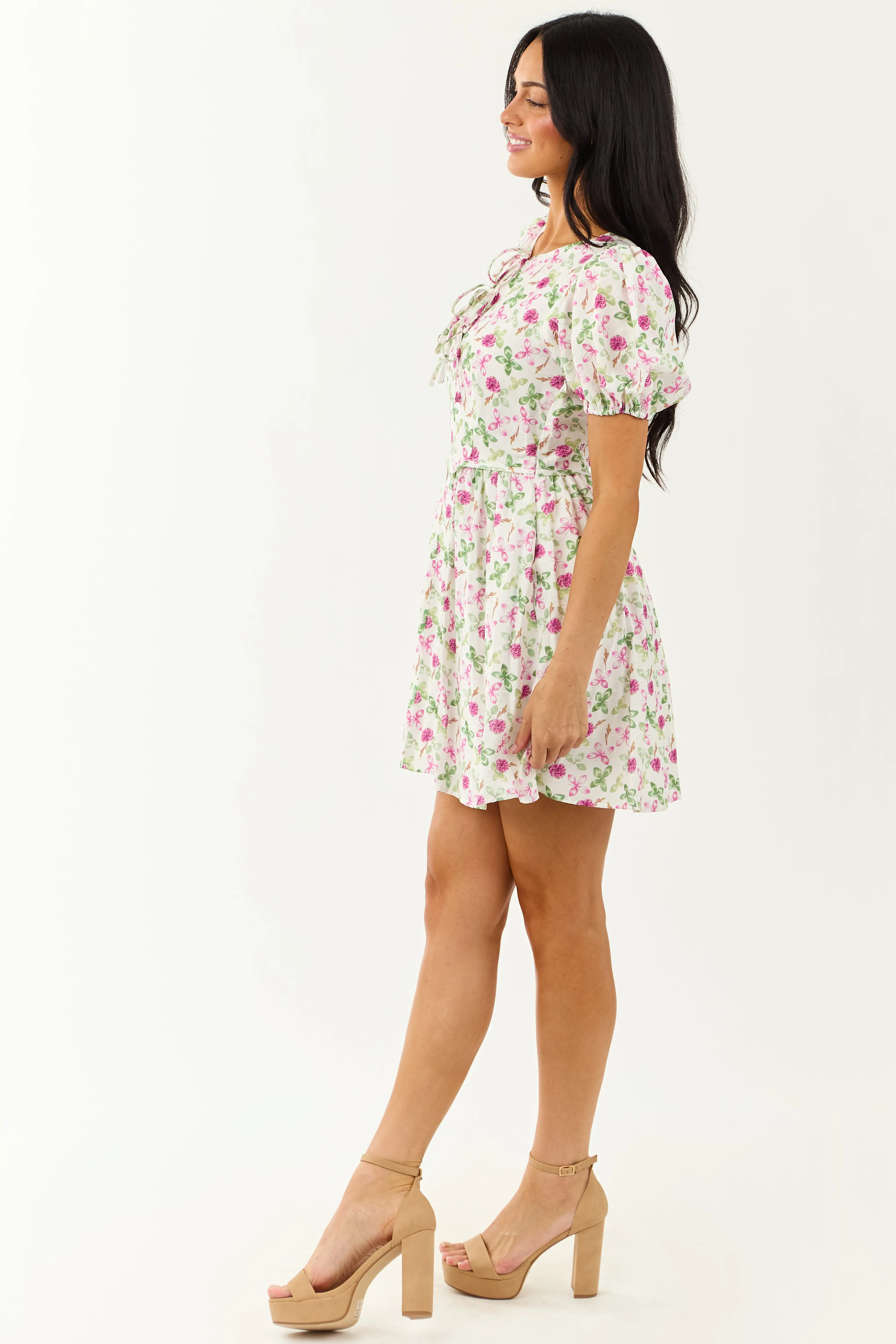 Ivory Floral Print Tie Neckline Puff Sleeve Mini Dress sold by Lime Lush product image thumbnail 4