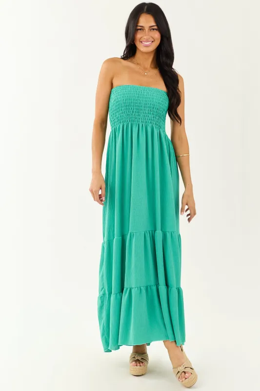 Kelly Green Smocked Tiered Strapless Maxi Dress sold by Lime Lush
