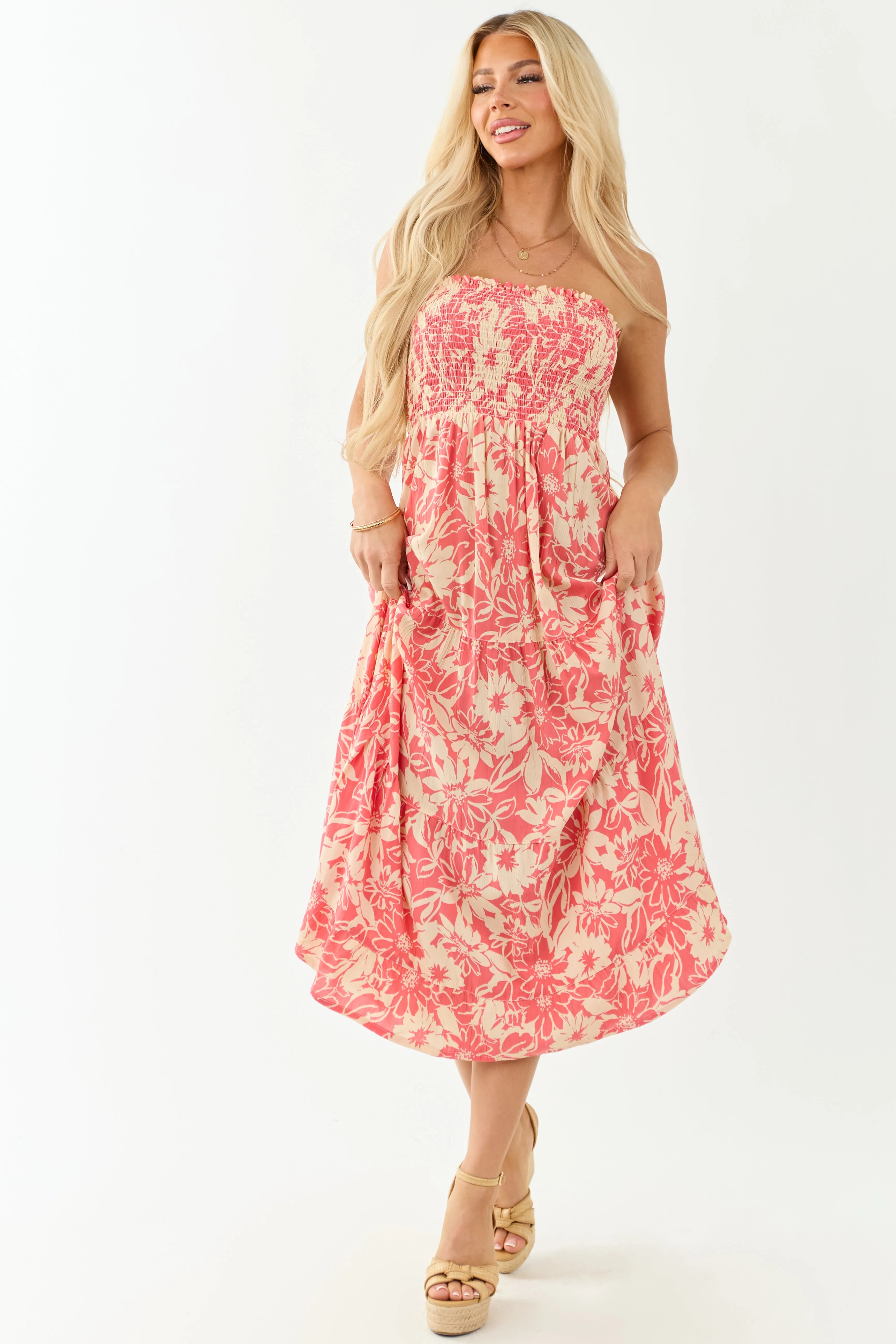 Watermelon and Cream Strapless Smocked Midi Dress sold by Lime Lush product image thumbnail 2