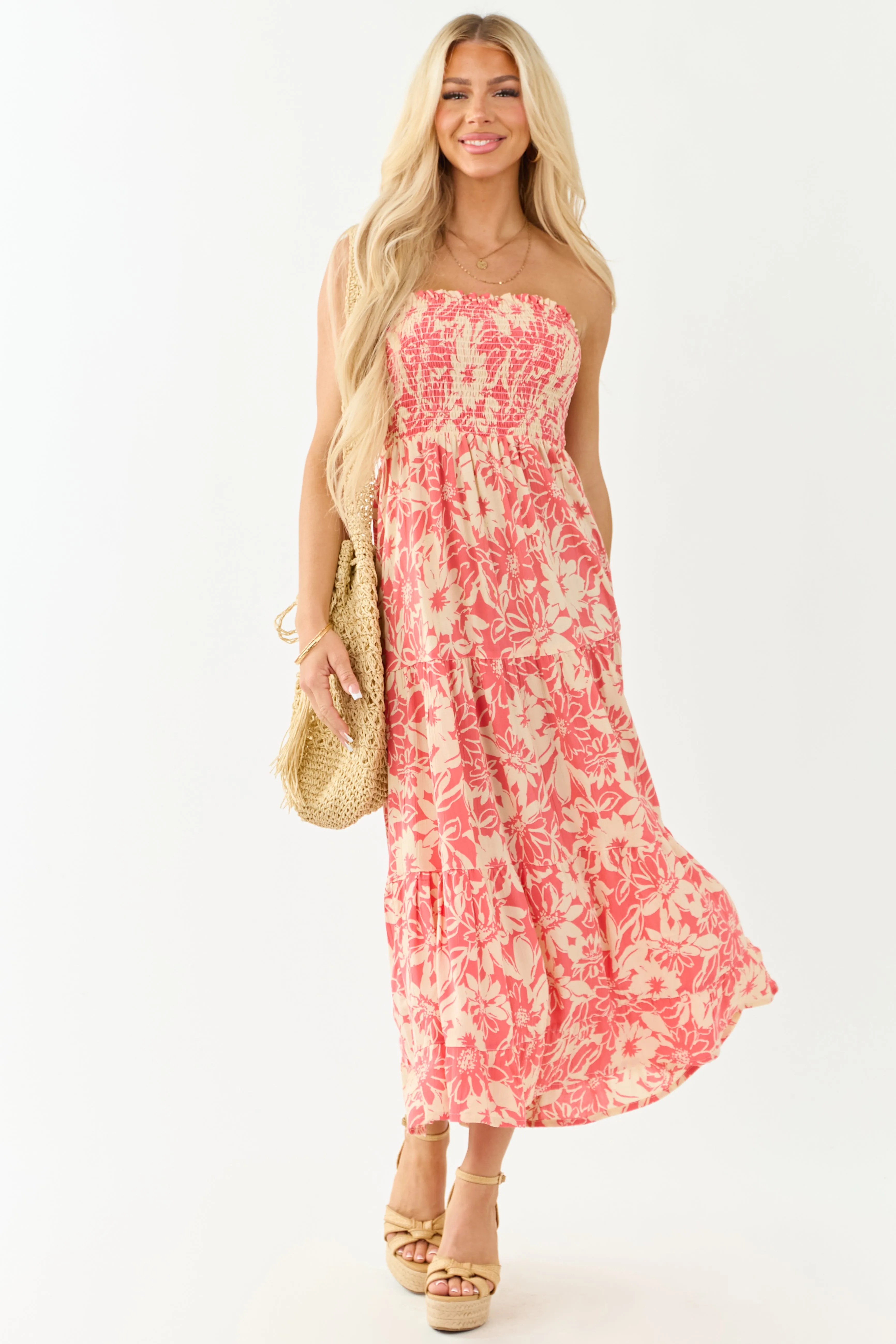 Watermelon and Cream Strapless Smocked Midi Dress sold by Lime Lush product image thumbnail 4