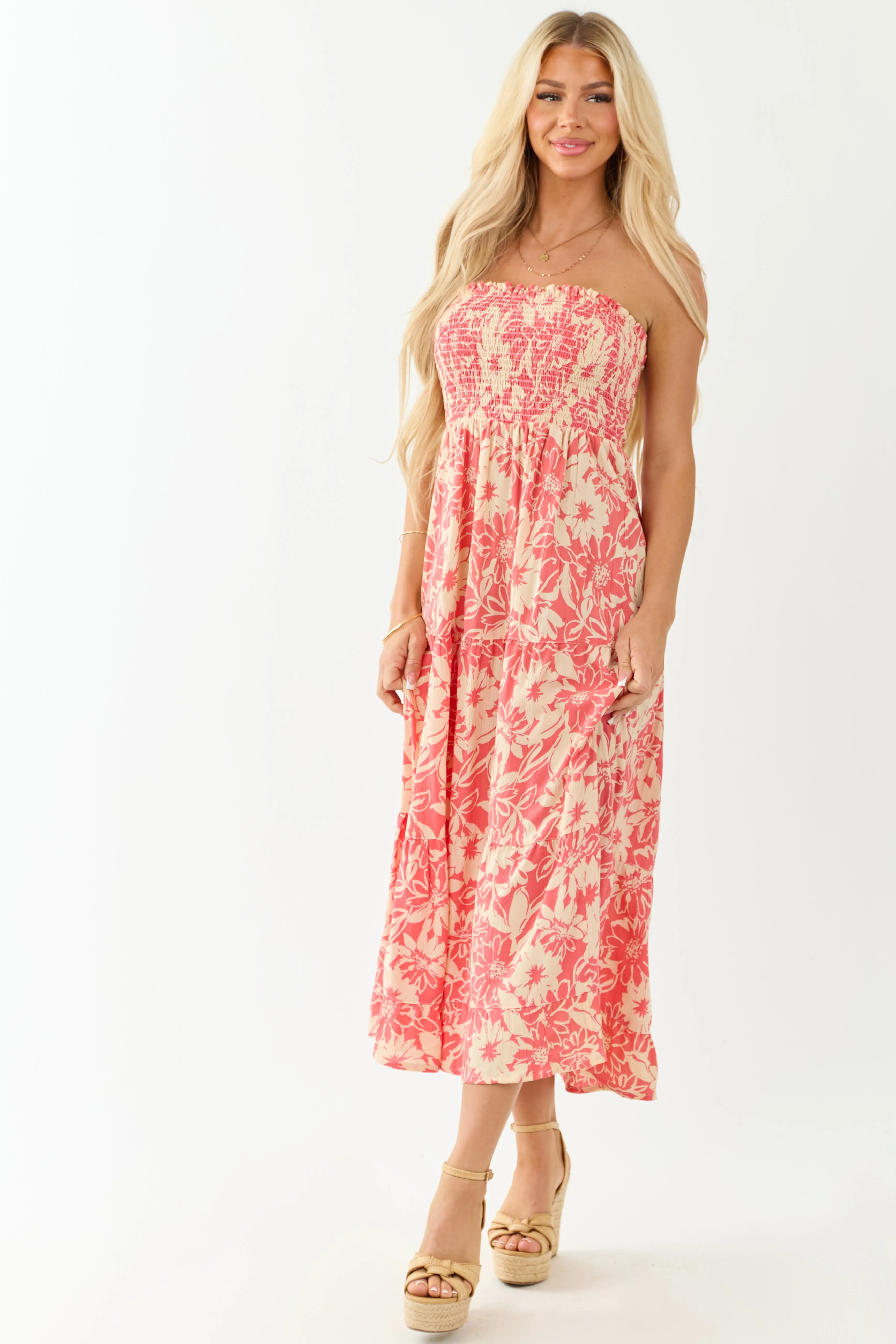 Watermelon and Cream Strapless Smocked Midi Dress sold by Lime Lush product image thumbnail 3