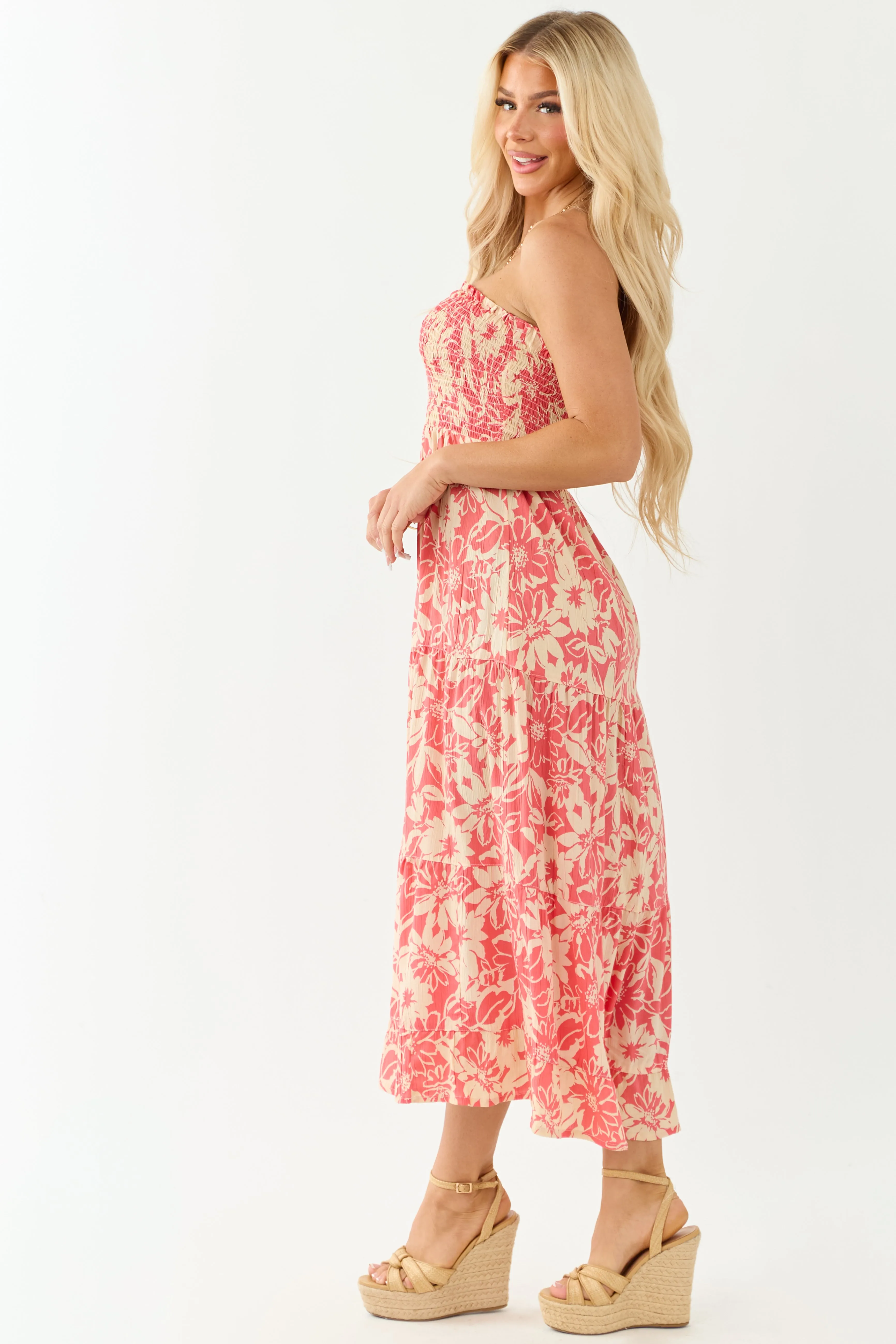 Watermelon and Cream Strapless Smocked Midi Dress sold by Lime Lush product image thumbnail 5