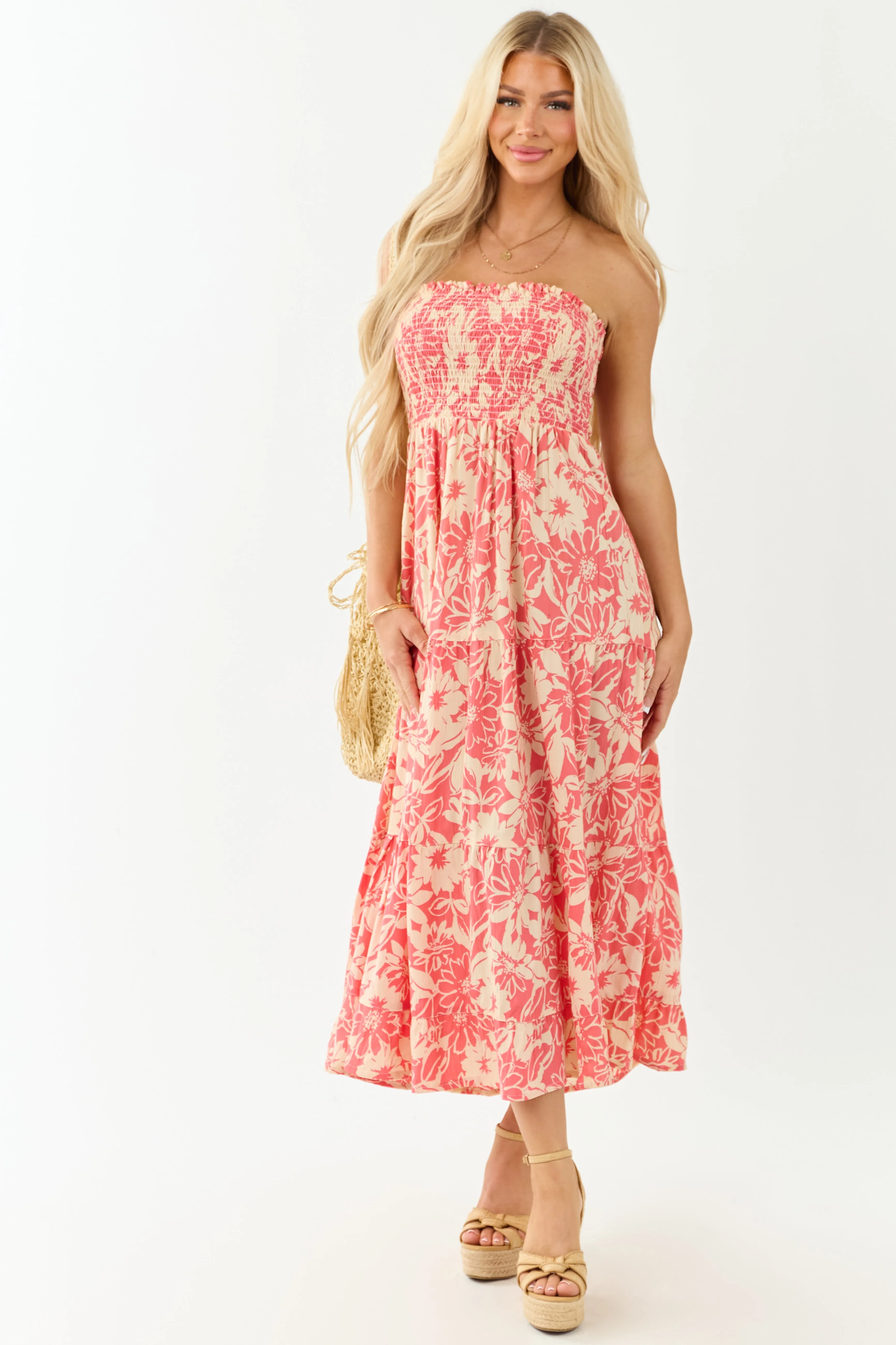 Watermelon and Cream Strapless Smocked Midi Dress sold by Lime Lush