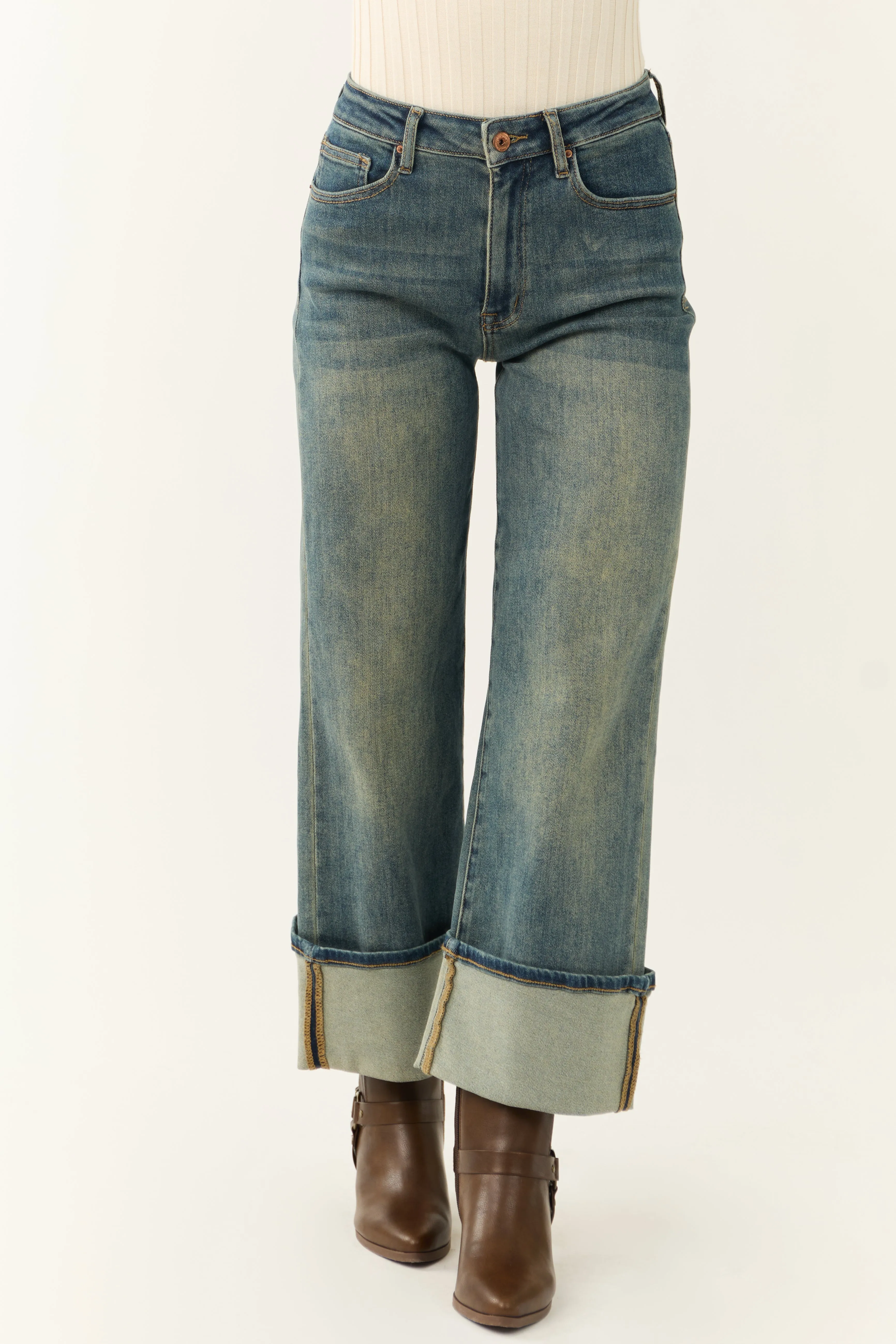 Special A Faded Medium Wash Cuffed Wide Leg Jeans sold by Lime Lush
