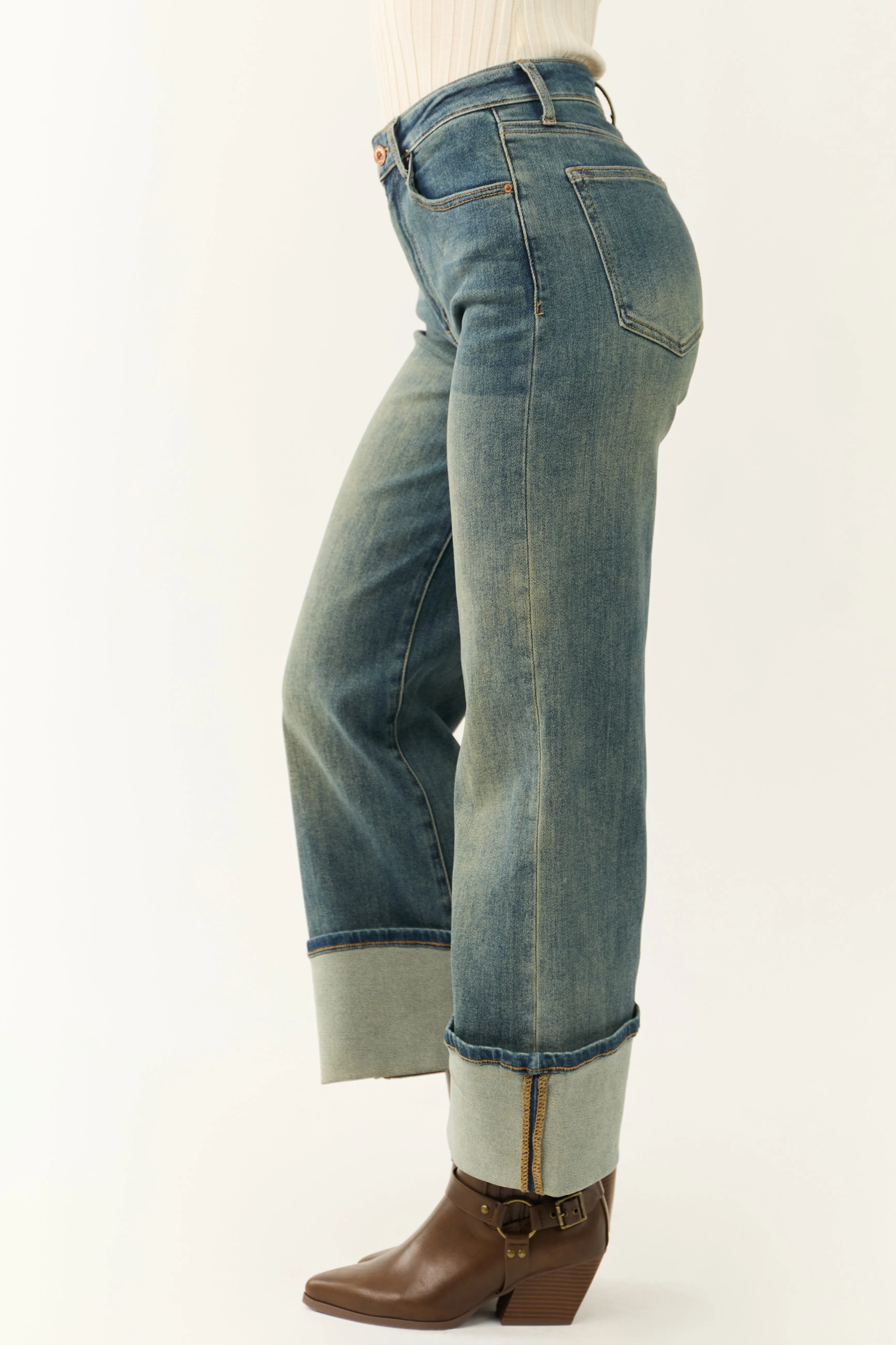 Special A Faded Medium Wash Cuffed Wide Leg Jeans sold by Lime Lush product image thumbnail 3