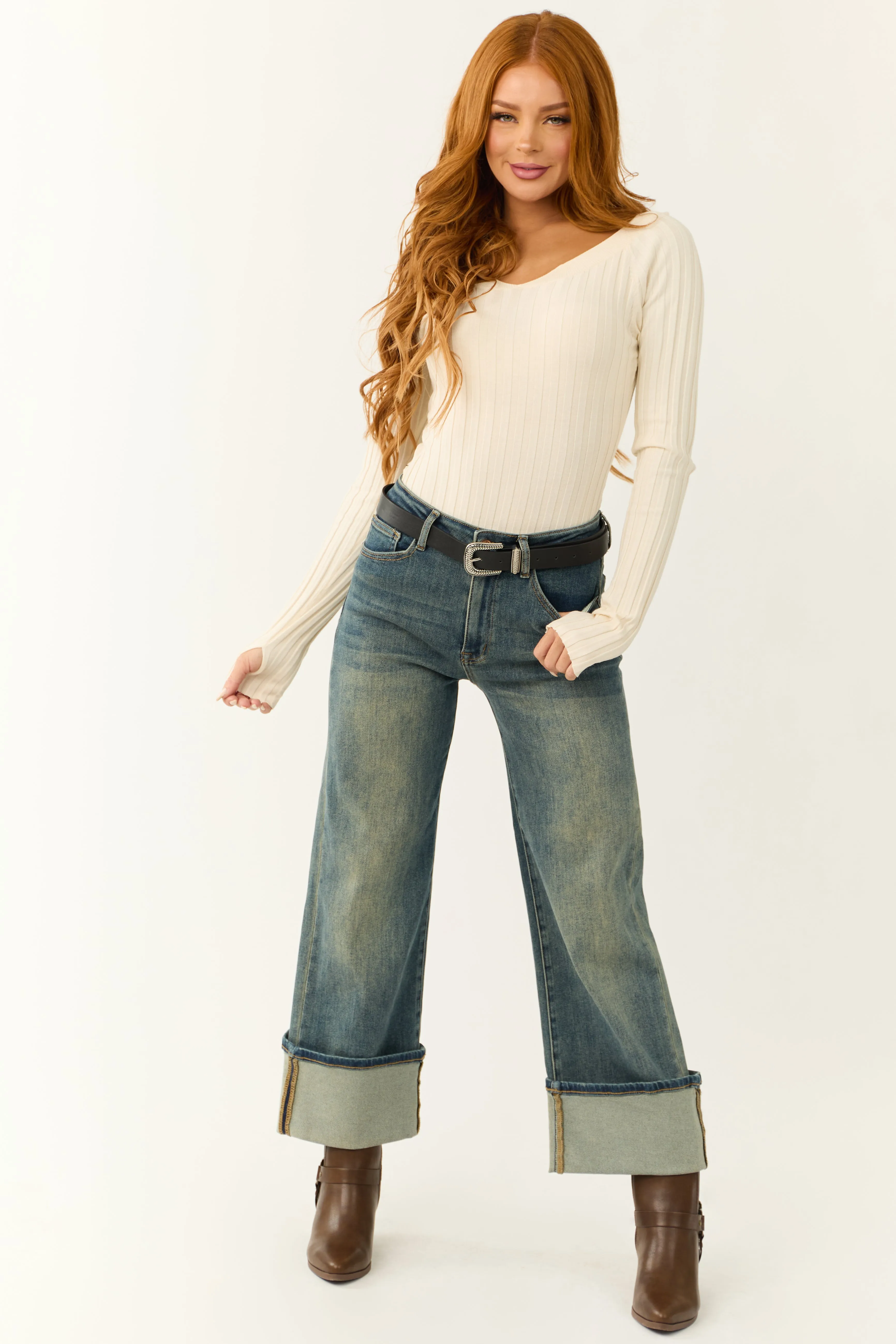 Special A Faded Medium Wash Cuffed Wide Leg Jeans sold by Lime Lush product image thumbnail 2