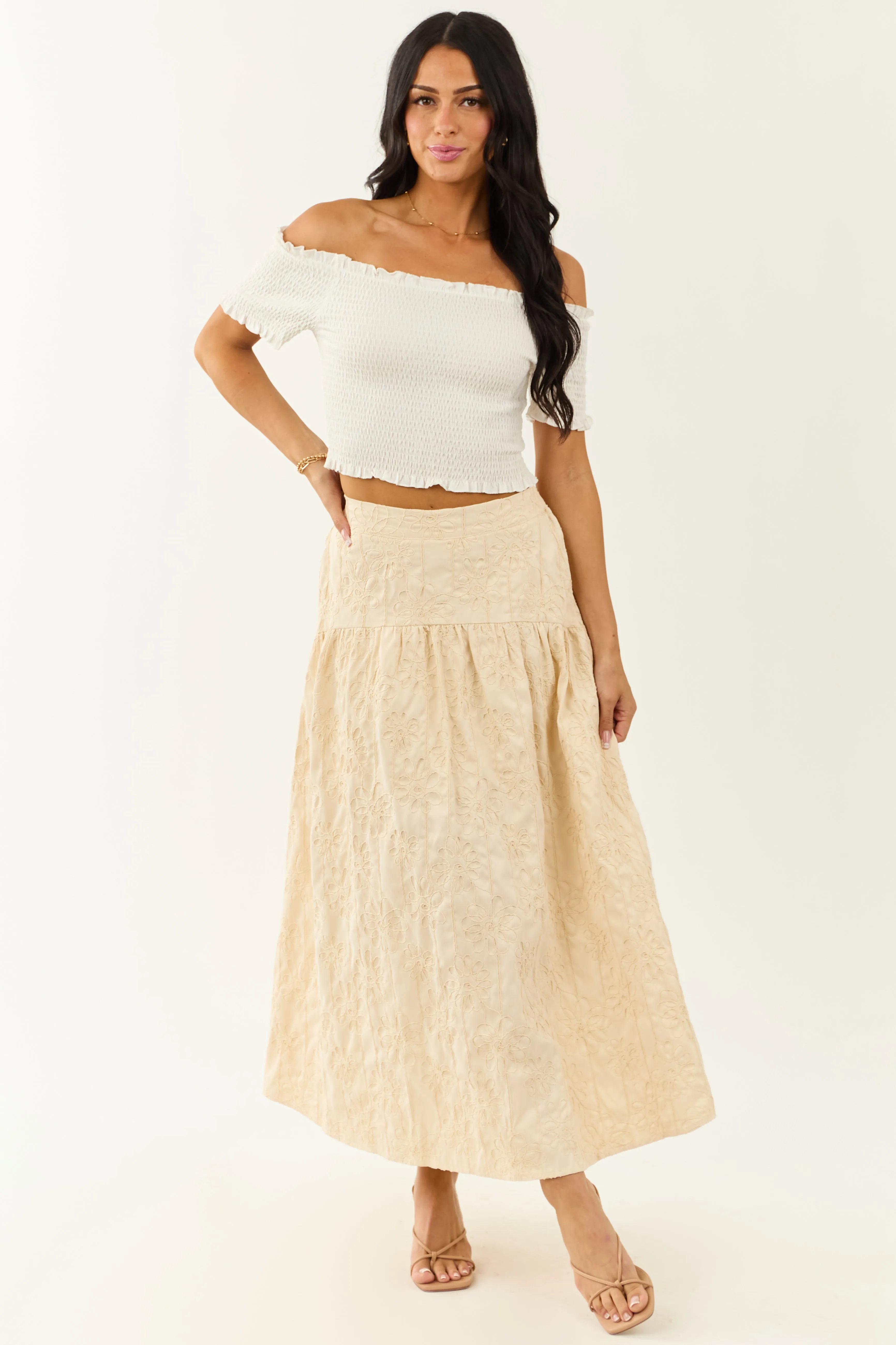 Lovelo Cream Raised Embroidery Maxi Skirt sold by Lime Lush