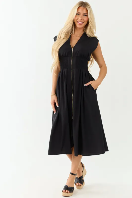 Entro Black Sleeveless Zipper Front Midi Dress made by entro