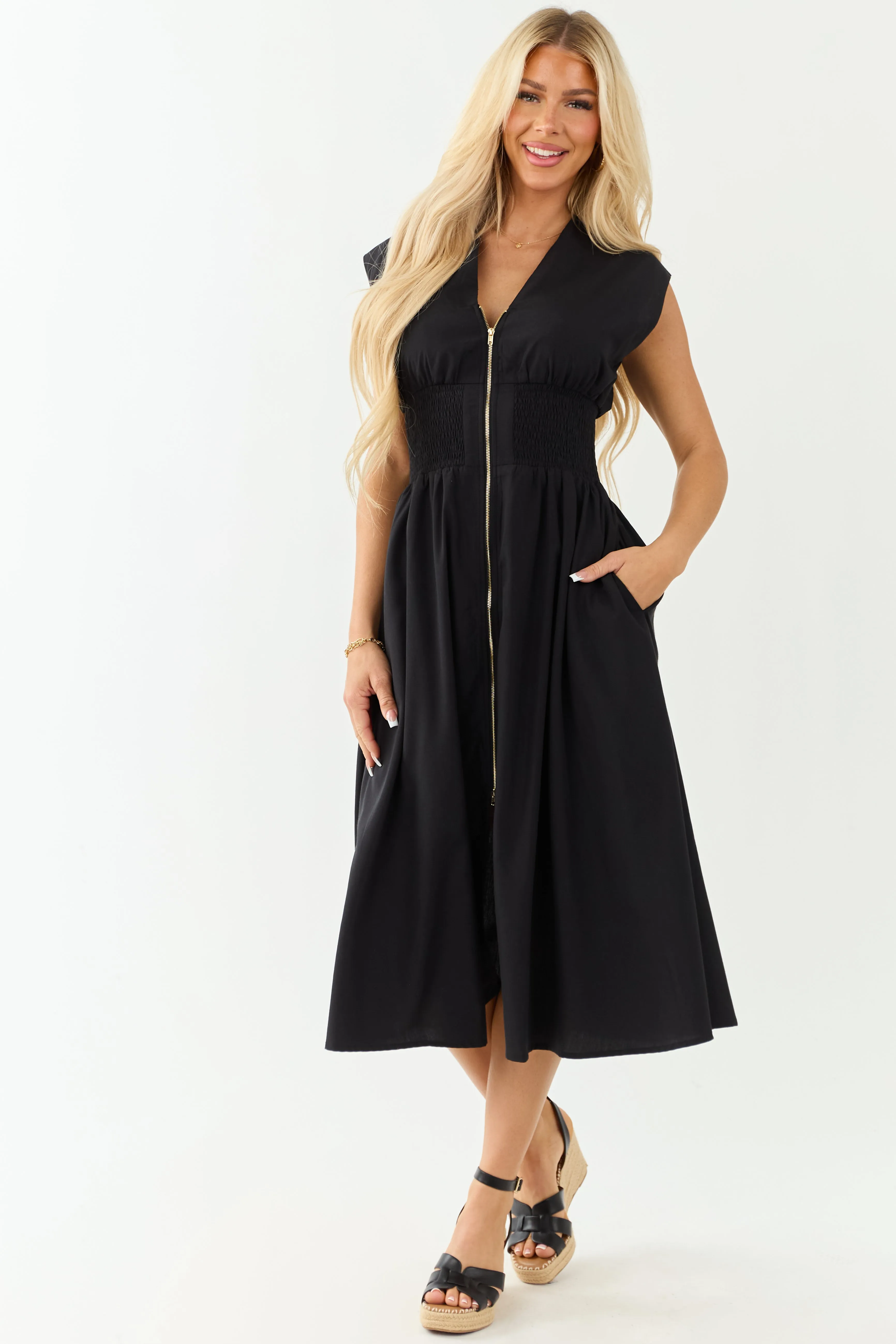 Entro Black Sleeveless Zipper Front Midi Dress sold by Lime Lush