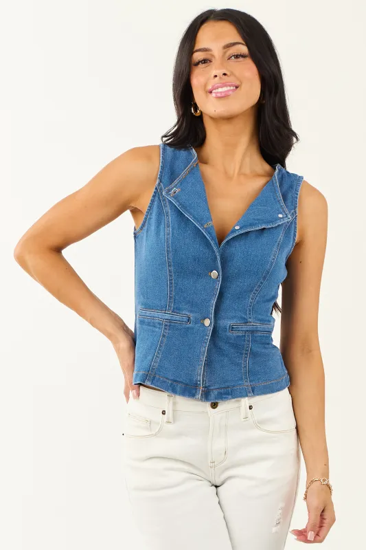 Medium Wash Stretchy Button Up Denim Vest sold by Lime Lush