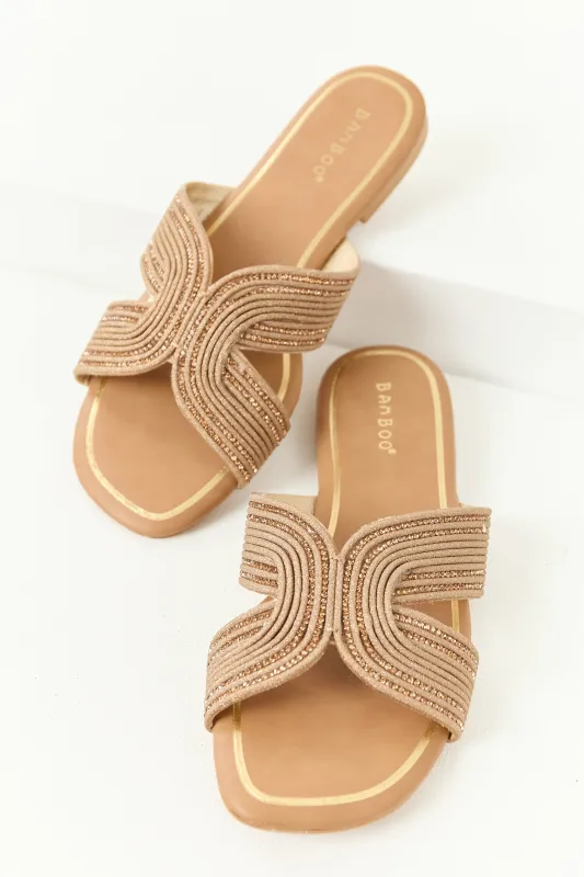 Cognac Rhinestone Studded Braided Strap Sandals sold by Lime Lush