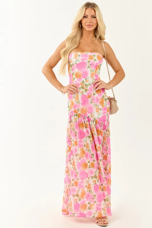 Fuchsia Floral Strapless Asymmetrical Maxi Dress made by Promesa