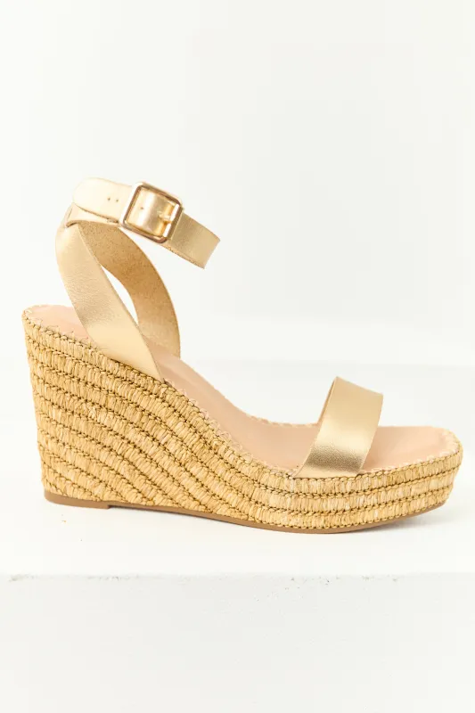 Gold Strap Open Toe Raffia Platform Wedges sold by Lime Lush