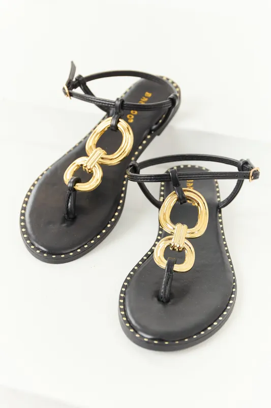 Black Double Gold Ring T-Strap Thong Sandals sold by Lime Lush