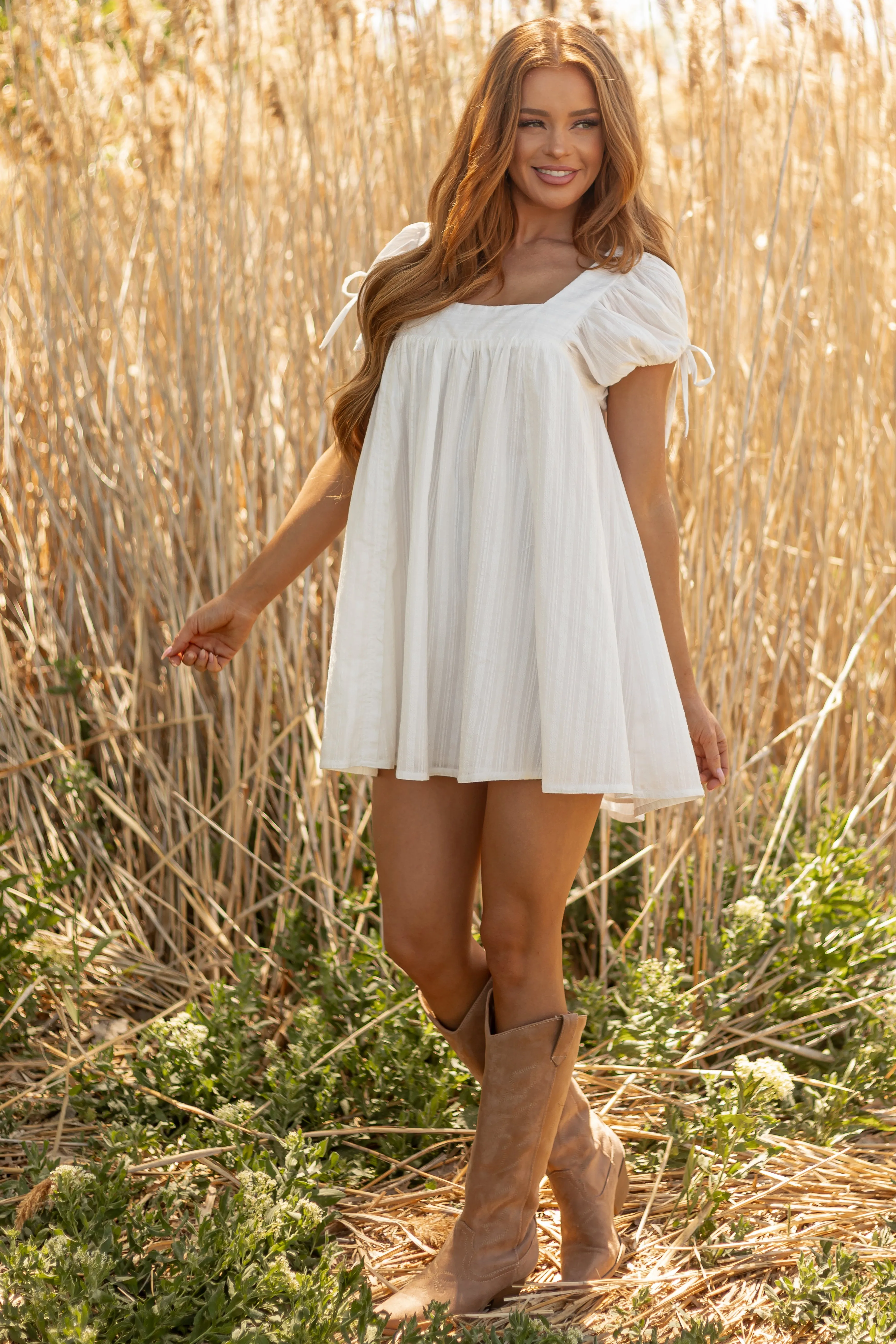 Ivory Short Puff Sleeve Flowy Cotton Mini Dress sold by Lime Lush product image thumbnail 2