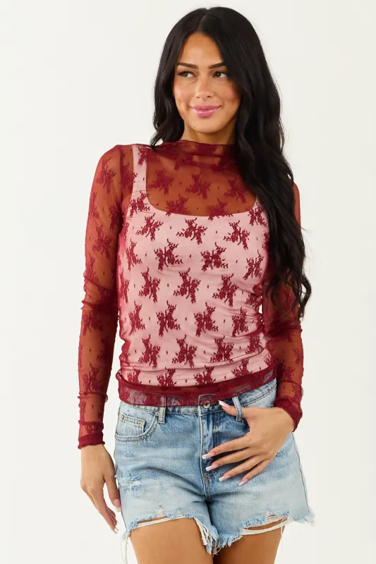 Wine Mesh Lace Mock Neck Long Sleeve Top sold by Lime Lush
