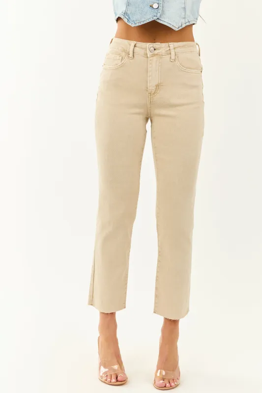 Beige Cropped High Rise Stretchy Straight Jeans sold by Lime Lush