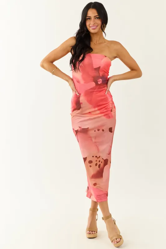 Peach Abstract Print Mesh Strapless Midi Dress sold by Lime Lush