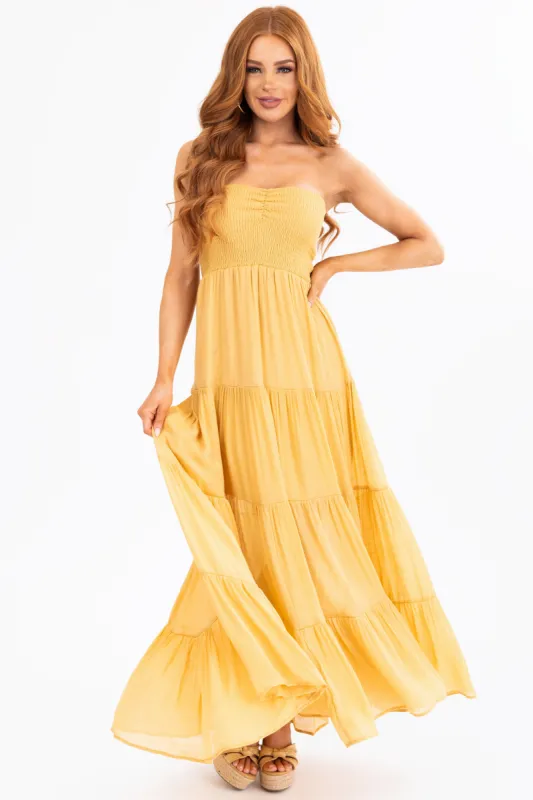 Amber Strapless Smocked Top Tiered Maxi Dress sold by Lime Lush