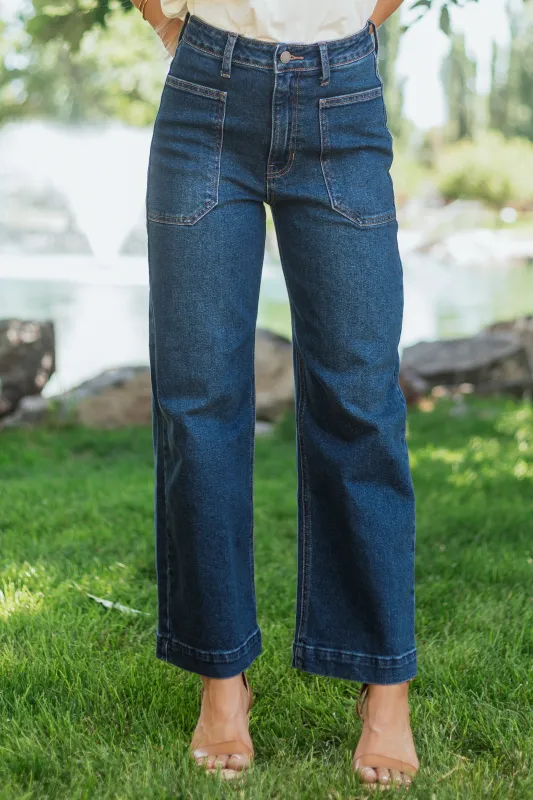 Dark Wash Stretchy Wide Leg Utility Jeans sold by Lime Lush