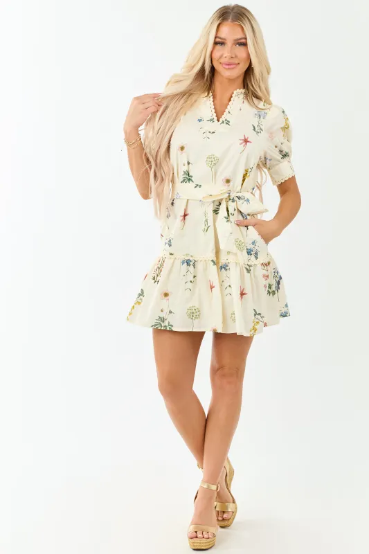 Entro Cream Floral Waist Tie Cotton Mini Dress sold by Lime Lush