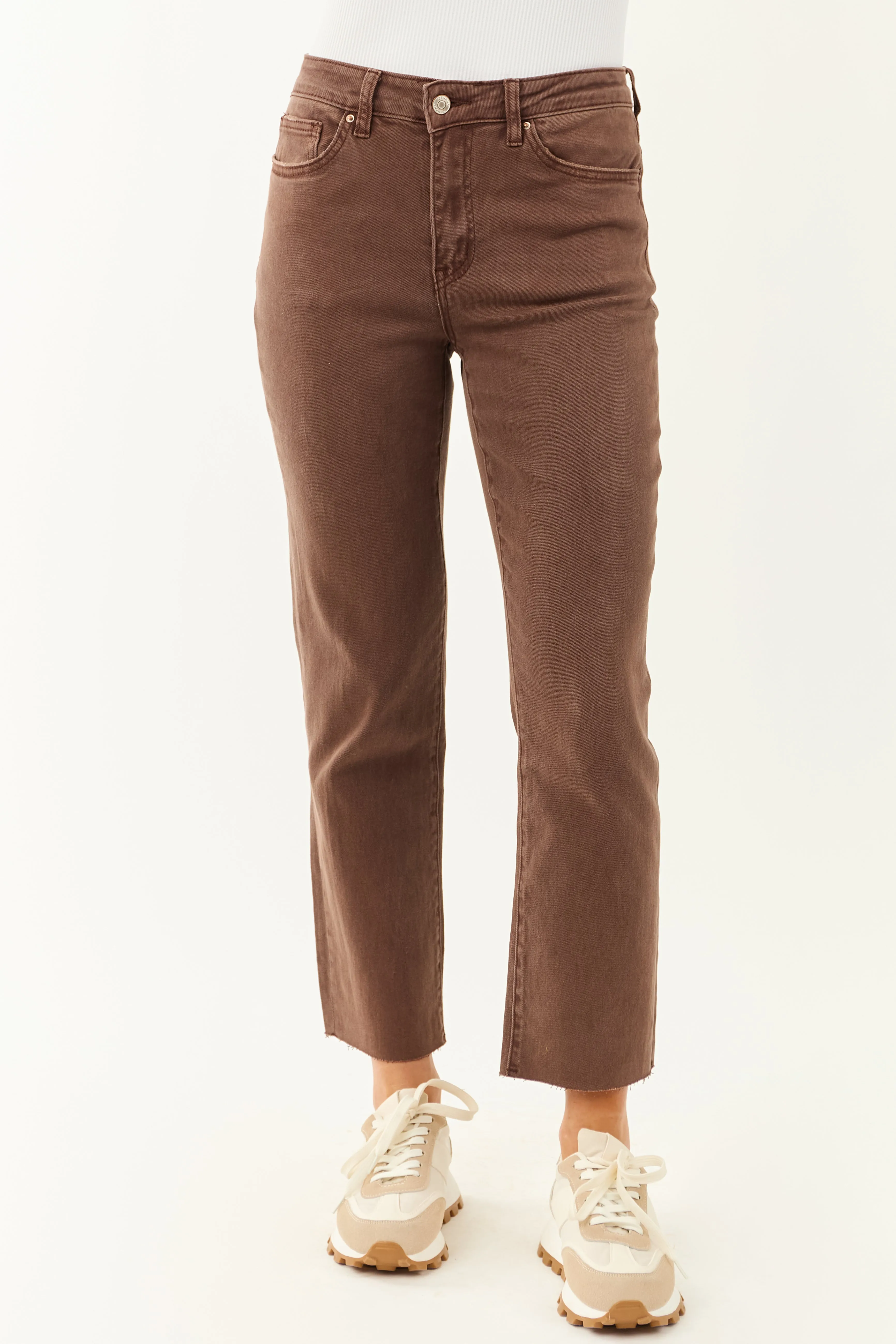 Coffee Cropped High Rise Stretchy Straight Jeans sold by Lime Lush