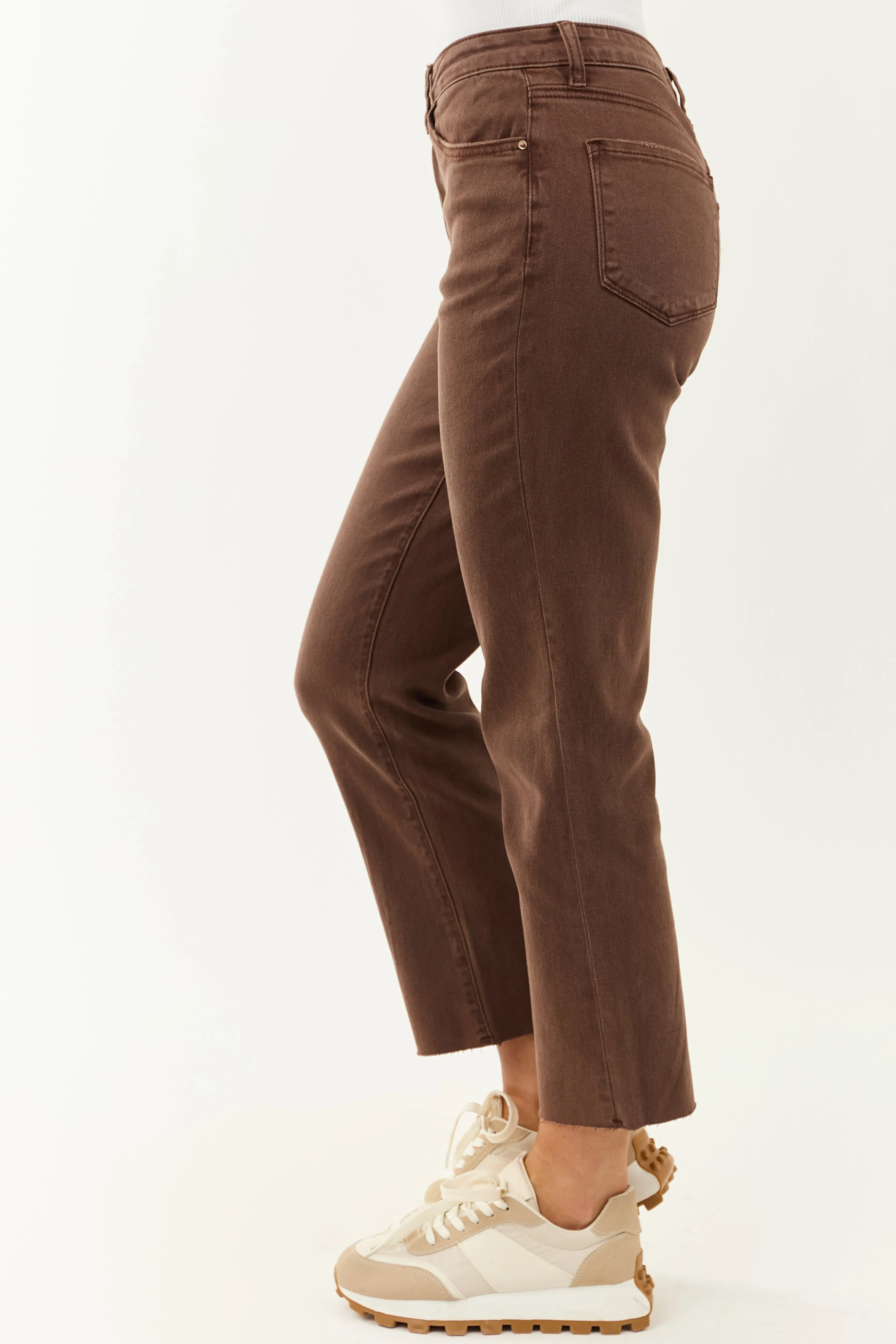 Coffee Cropped High Rise Stretchy Straight Jeans sold by Lime Lush product image thumbnail 3