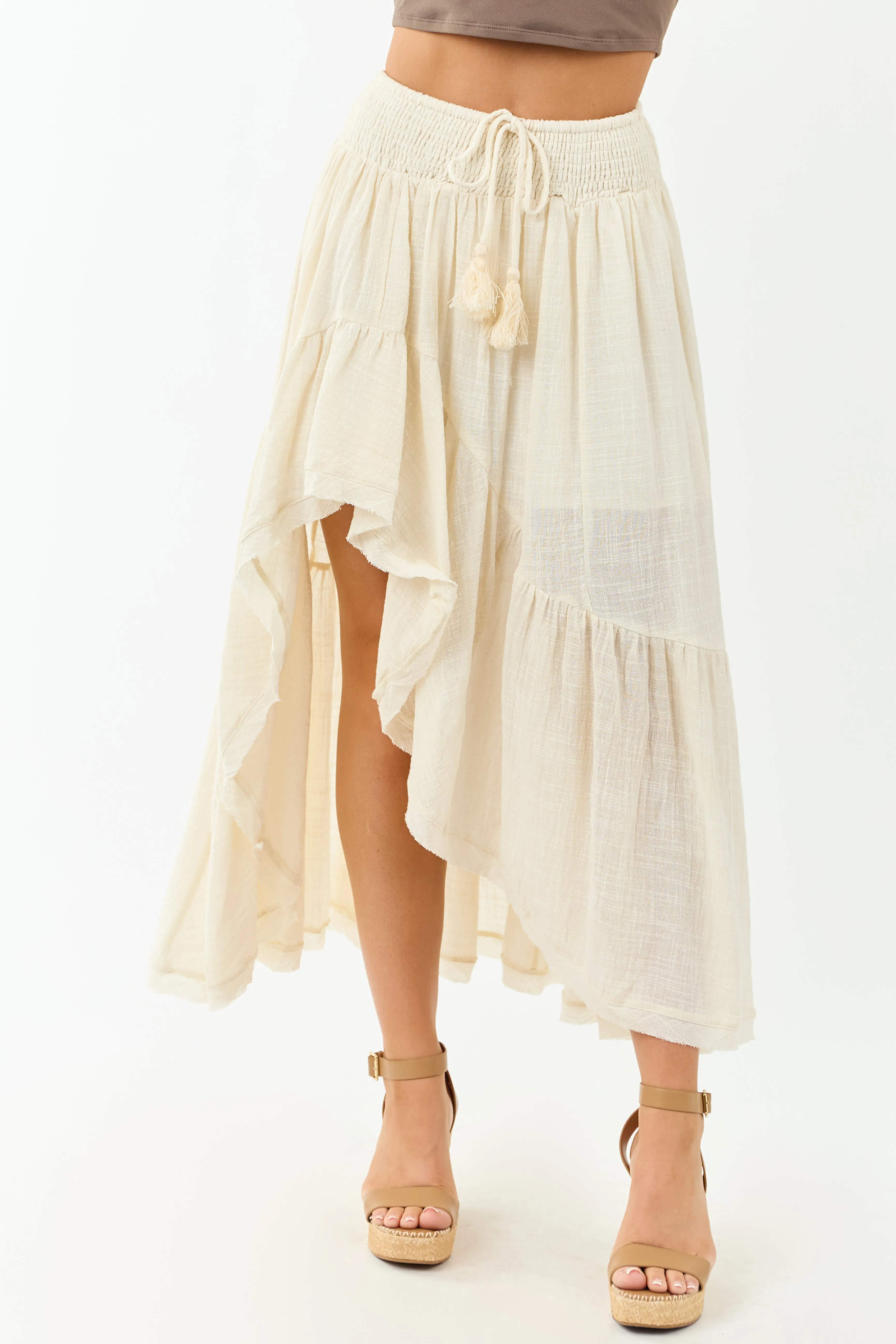 Vanilla High Low Gauze Cotton Drawstring Maxi Skirt sold by Lime Lush product image thumbnail 2