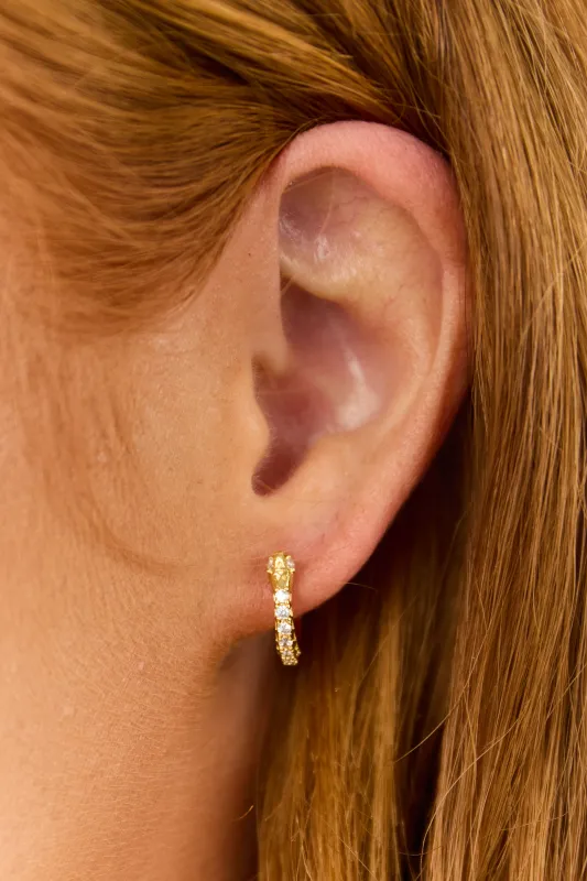 Gold Metallic Rhinestone Huggie Hoop Earrings sold by Lime Lush