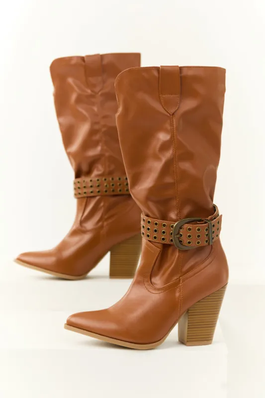 Caramel Buckled Strap Heeled Boots sold by Lime Lush
