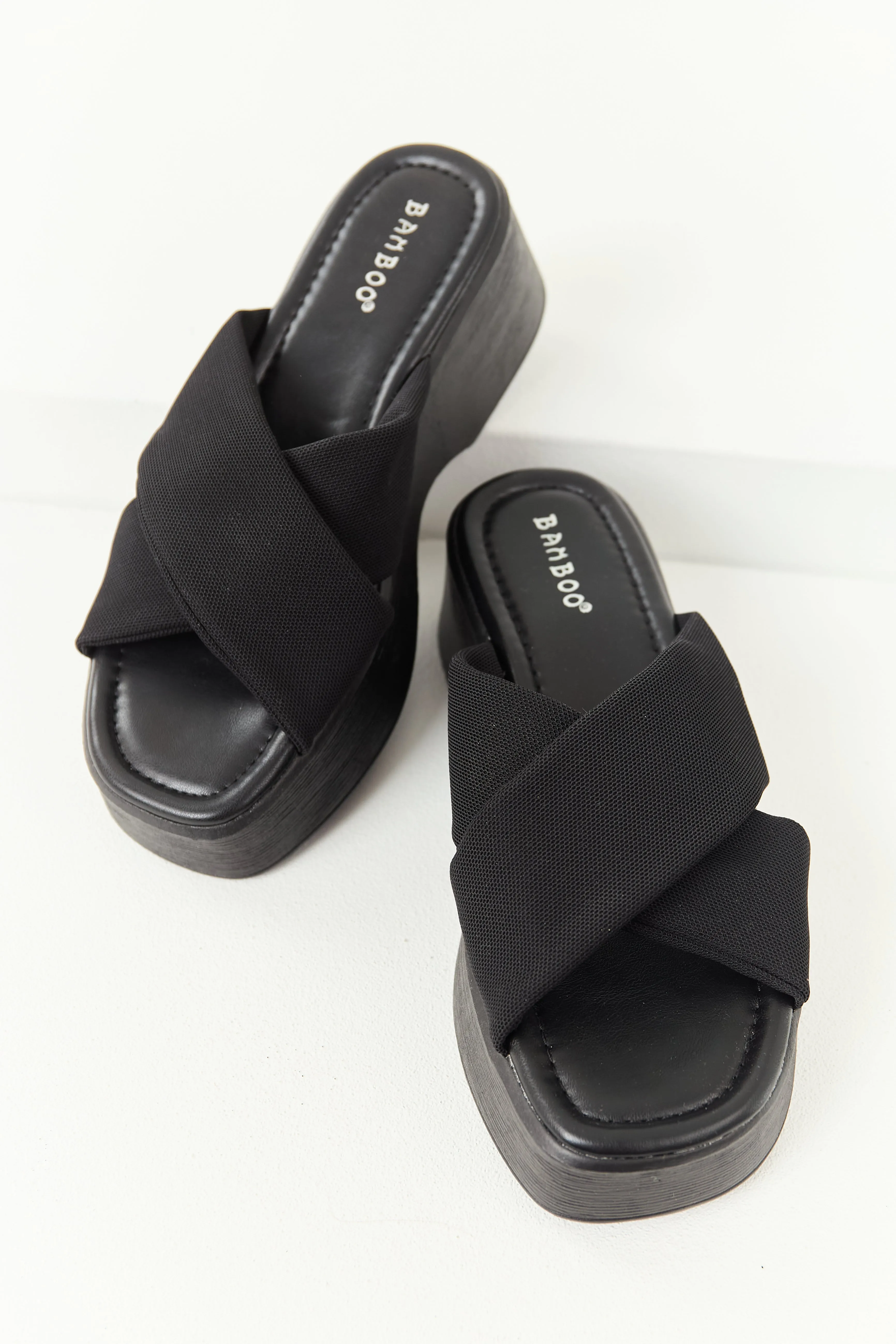 Black Cross Strap Slip On Open Toe Platforms sold by Lime Lush