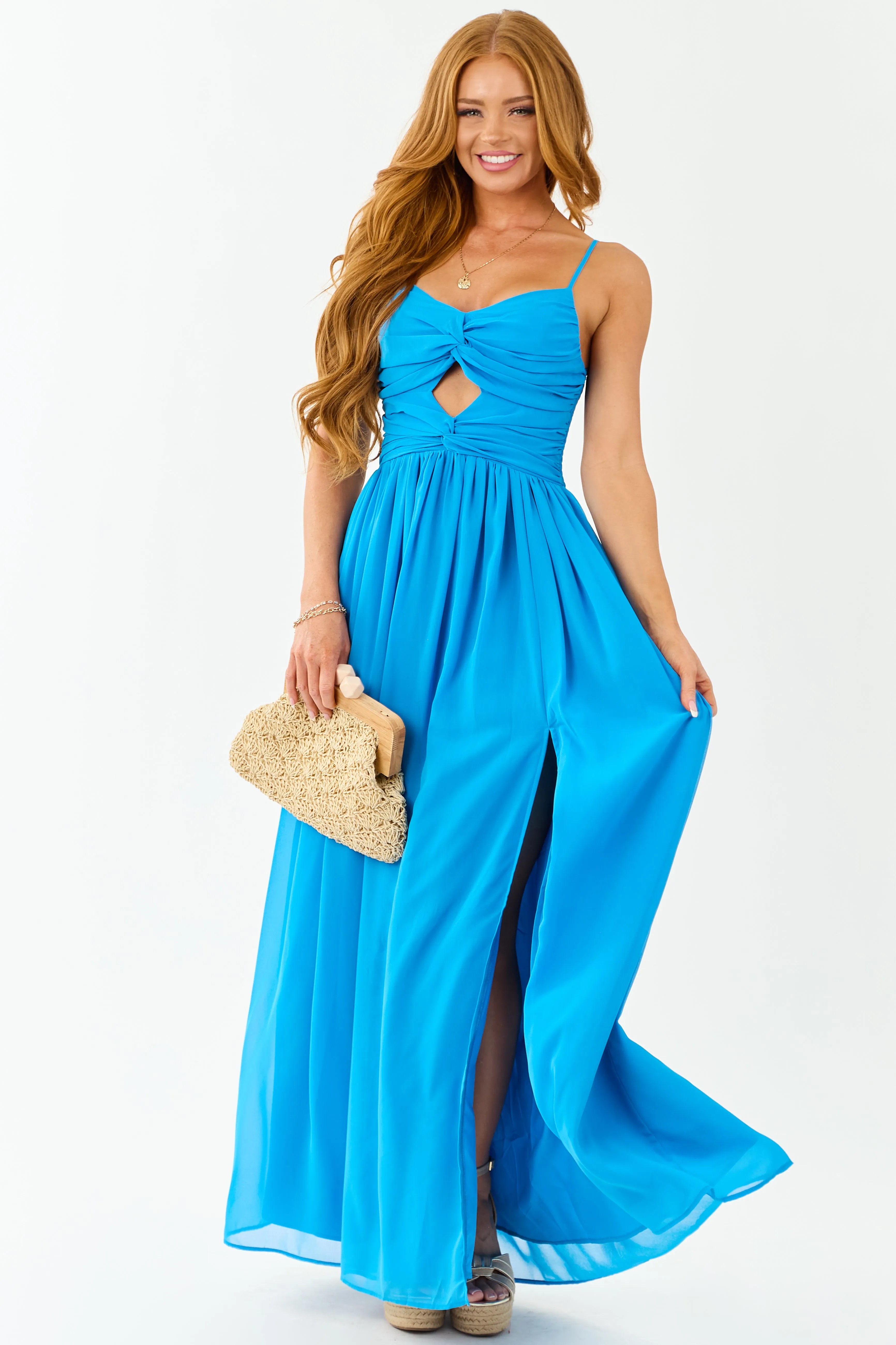 Azure Flowy Chiffon Front Twist Maxi Dress sold by Lime Lush