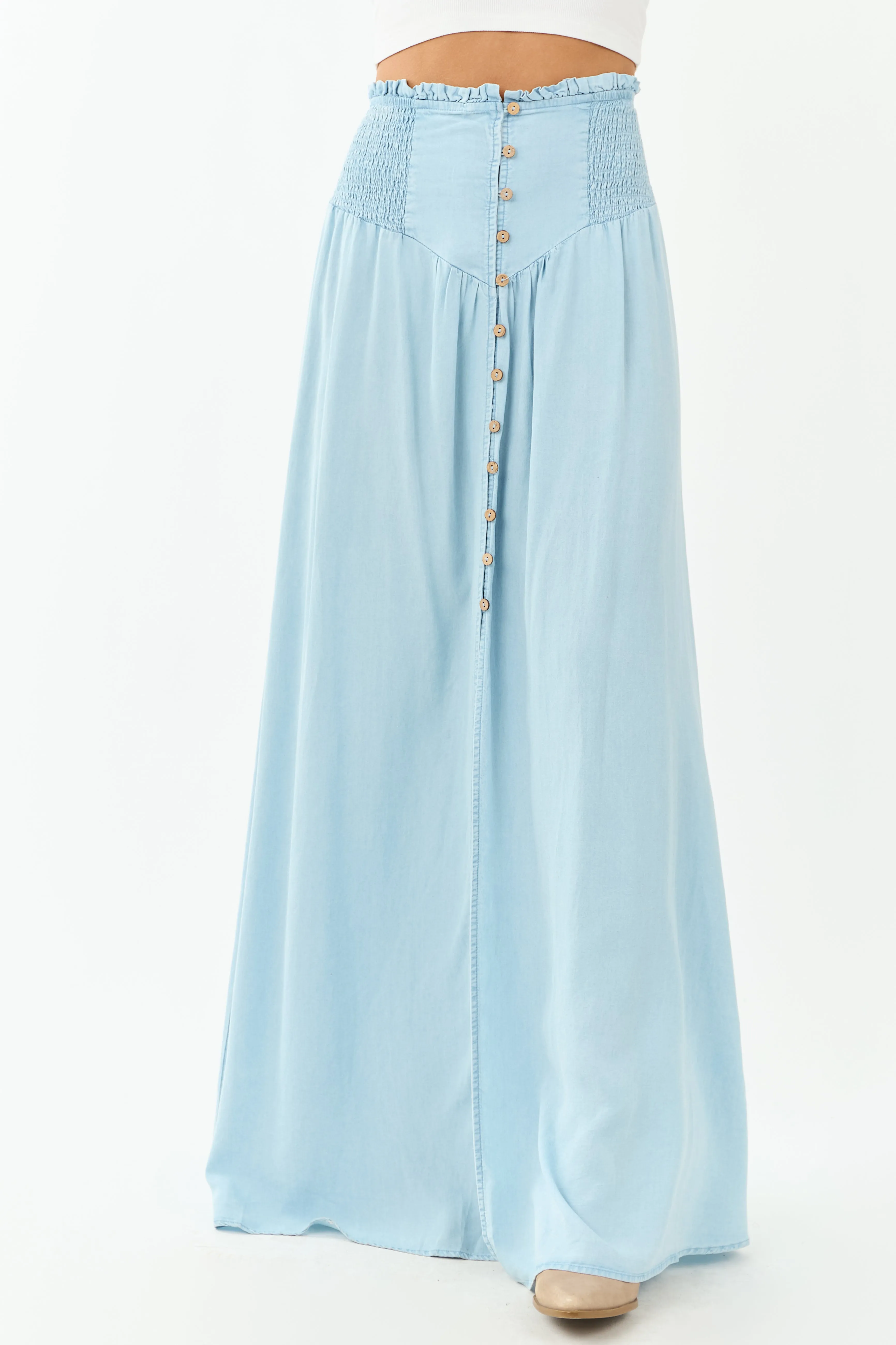 Light Wash Chambray Denim Front Slit Maxi Skirt sold by Lime Lush product image thumbnail 2