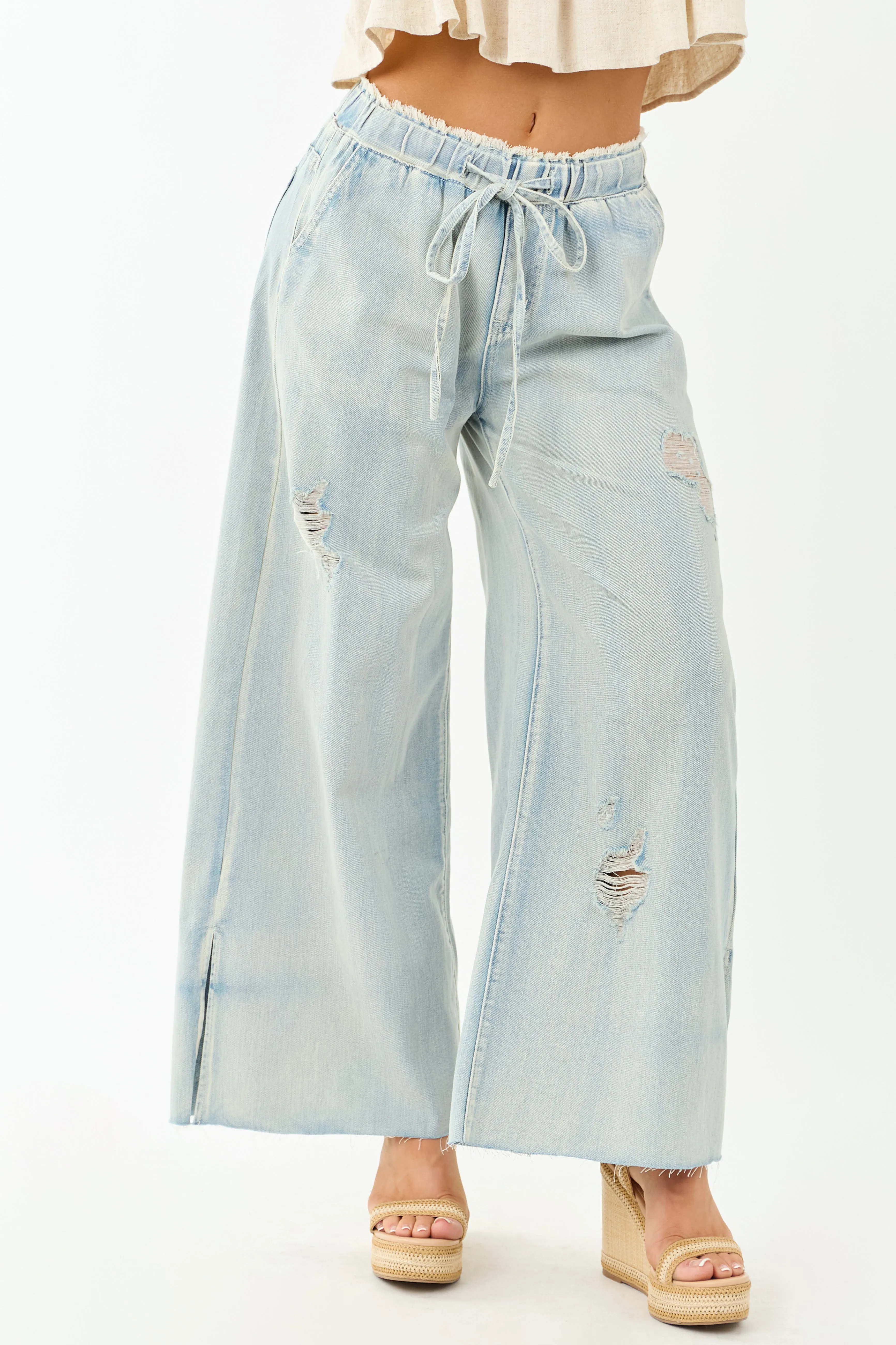 POL Light Wash Lightweight Denim Drawstring Pants sold by Lime Lush product image thumbnail 2