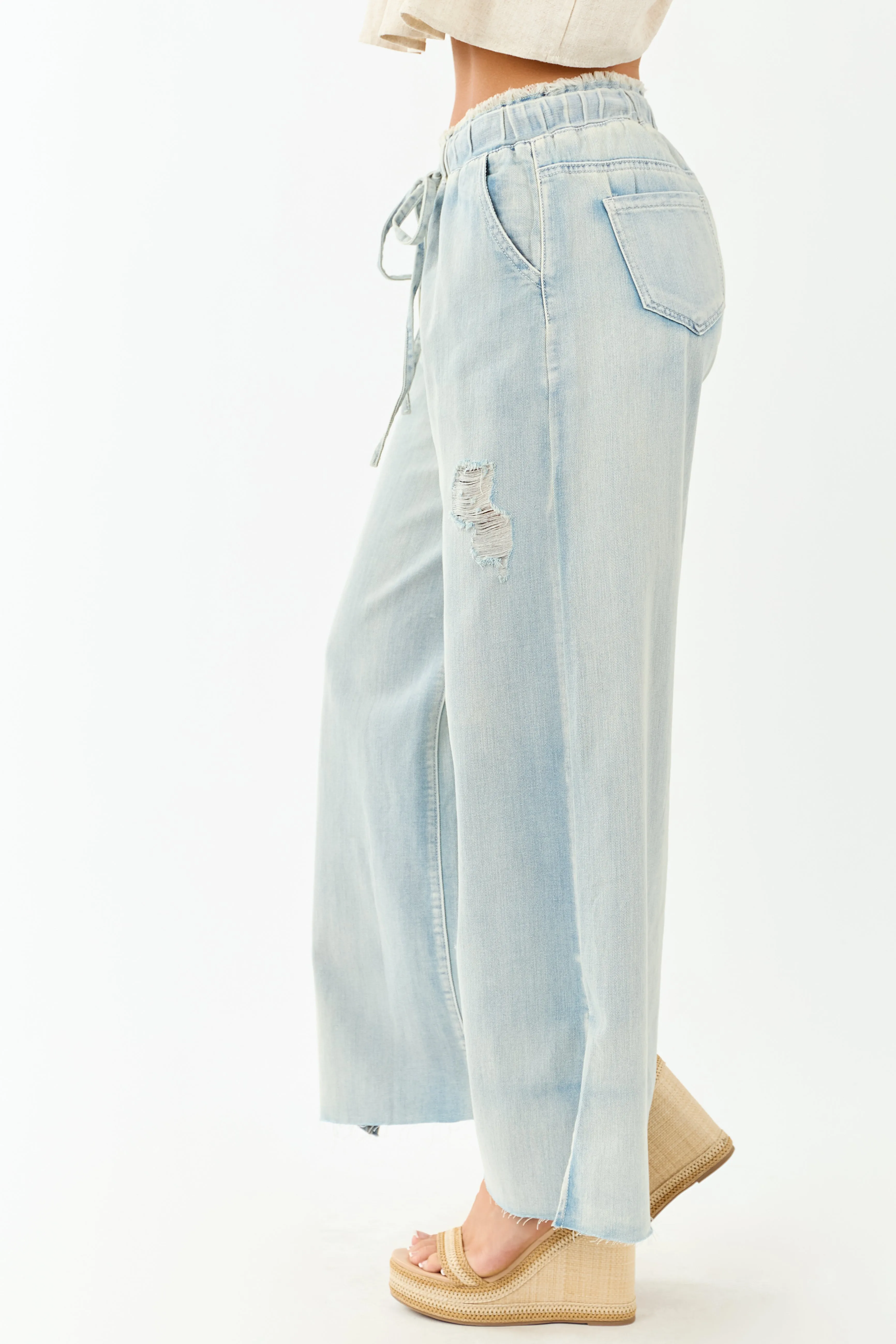 POL Light Wash Lightweight Denim Drawstring Pants sold by Lime Lush product image thumbnail 3