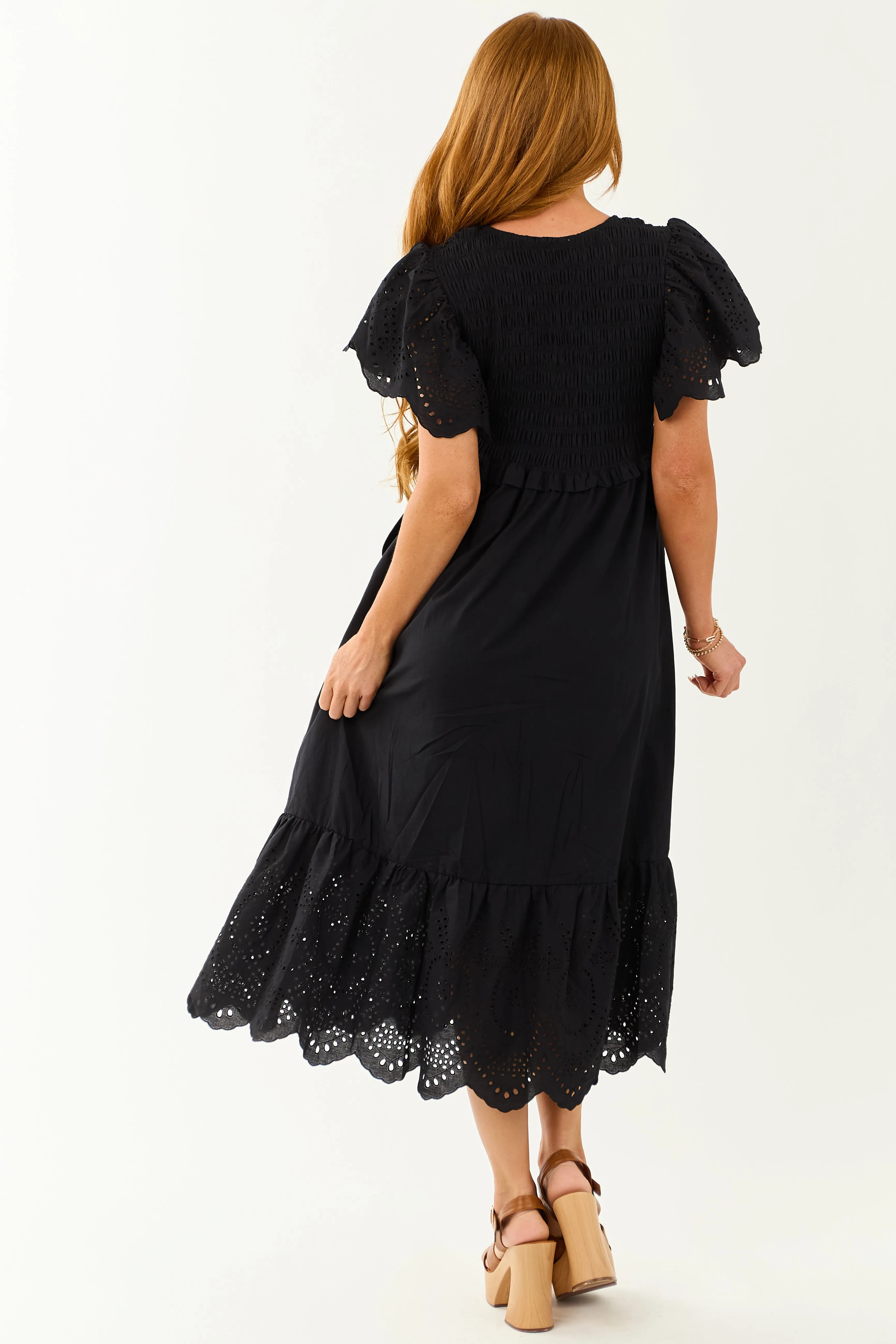 Lovelo Black Smocked Ruffle Sleeve Cotton Midi Dress sold by Lime Lush product image thumbnail 5