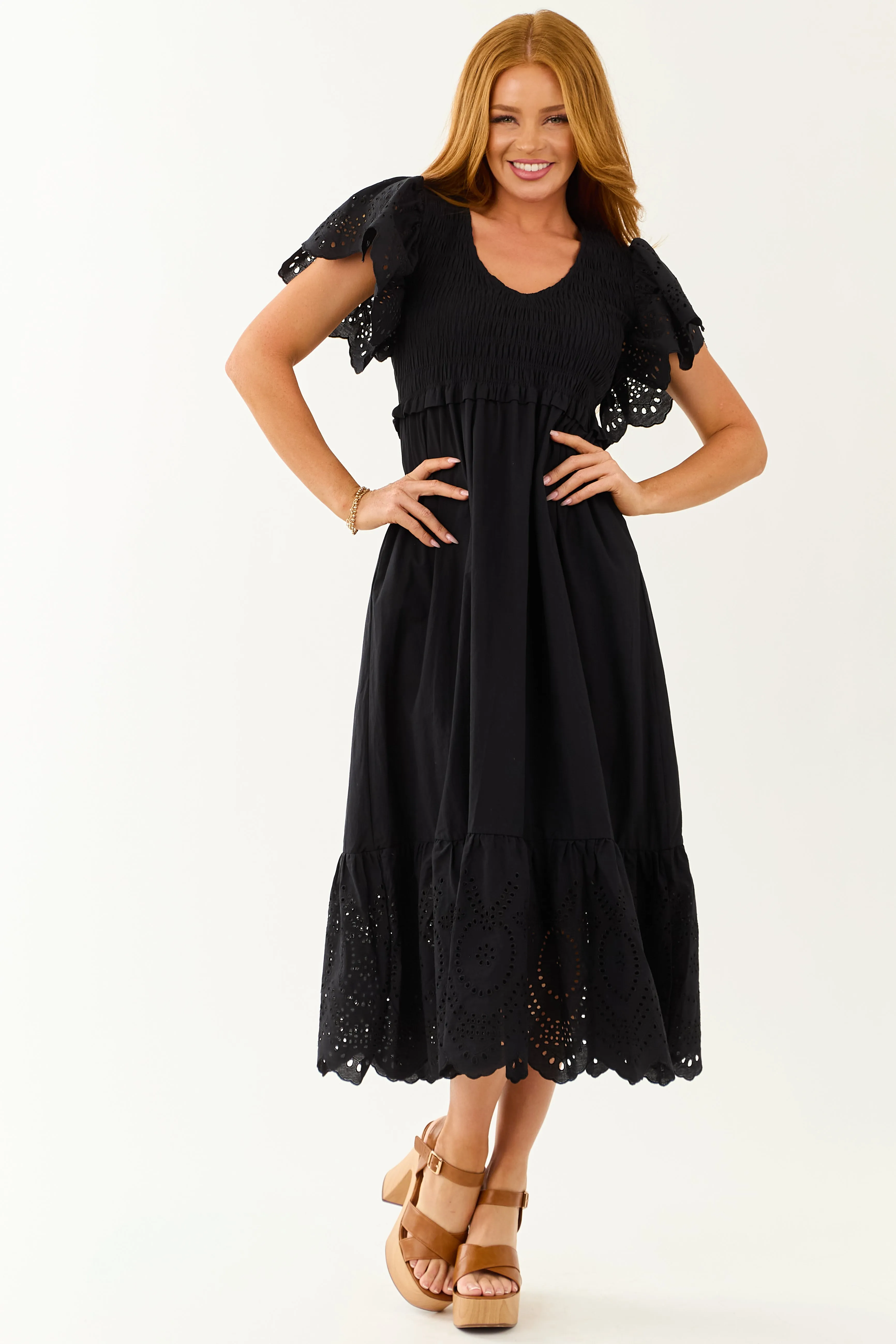 Lovelo Black Smocked Ruffle Sleeve Cotton Midi Dress sold by Lime Lush product image thumbnail 2