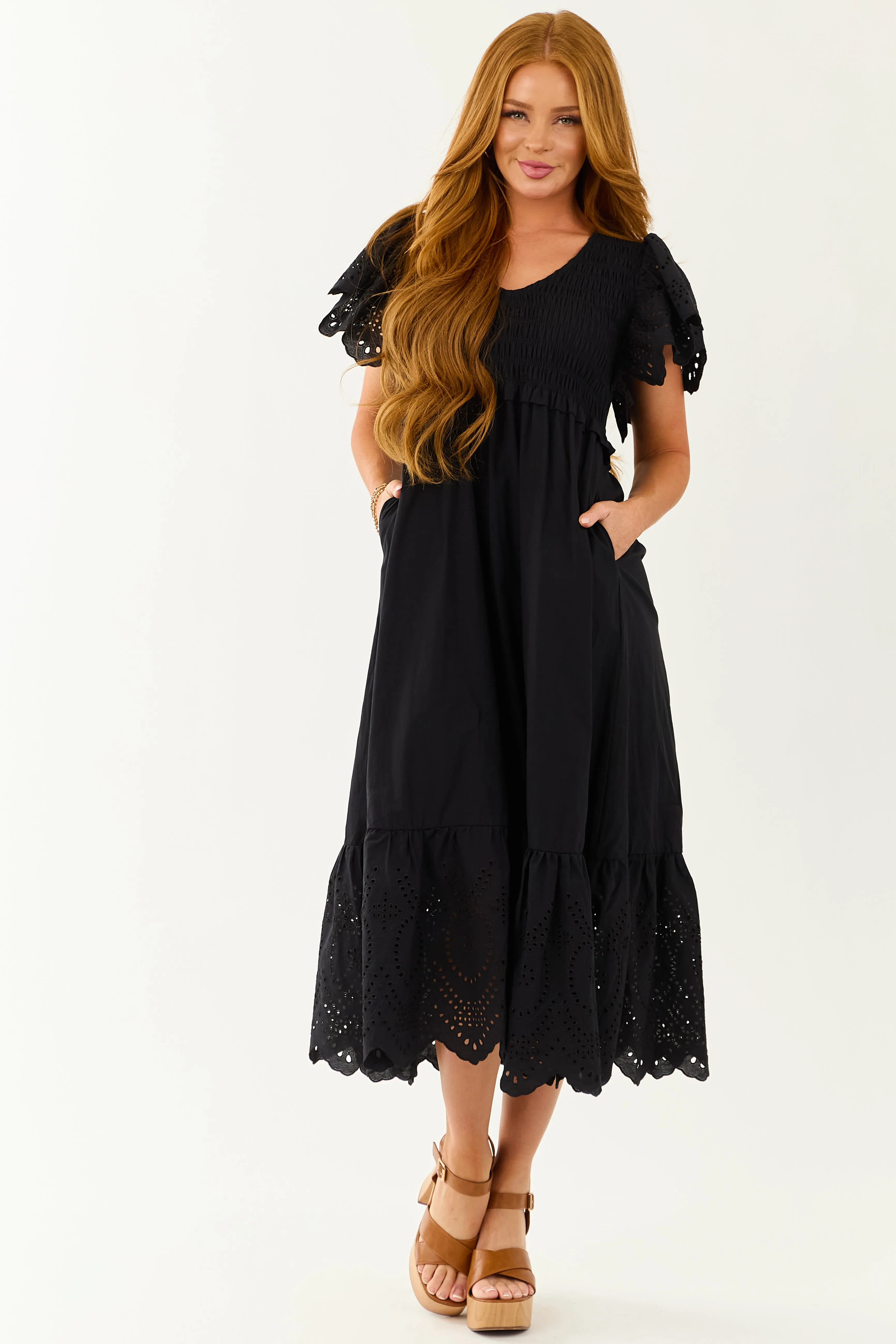 Lovelo Black Smocked Ruffle Sleeve Cotton Midi Dress sold by Lime Lush