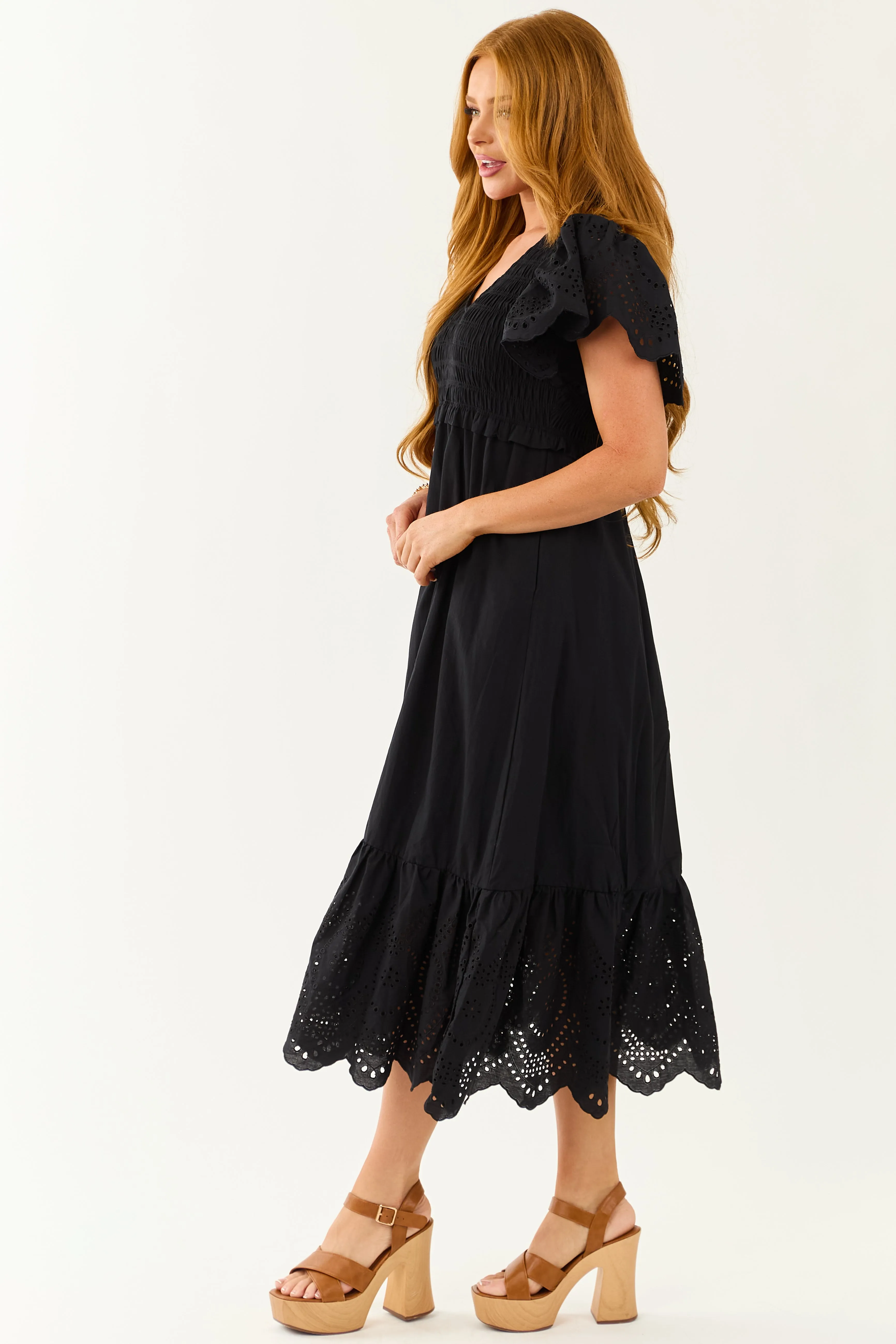Lovelo Black Smocked Ruffle Sleeve Cotton Midi Dress sold by Lime Lush product image thumbnail 4