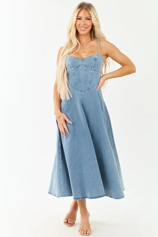 Medium Wash Denim A-Line Sleeveless Midi Dress sold by Lime Lush